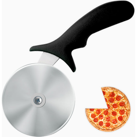 A stainless steel pizza cutter with a black plastic handle, alongside an image of a pizza divided into slices.