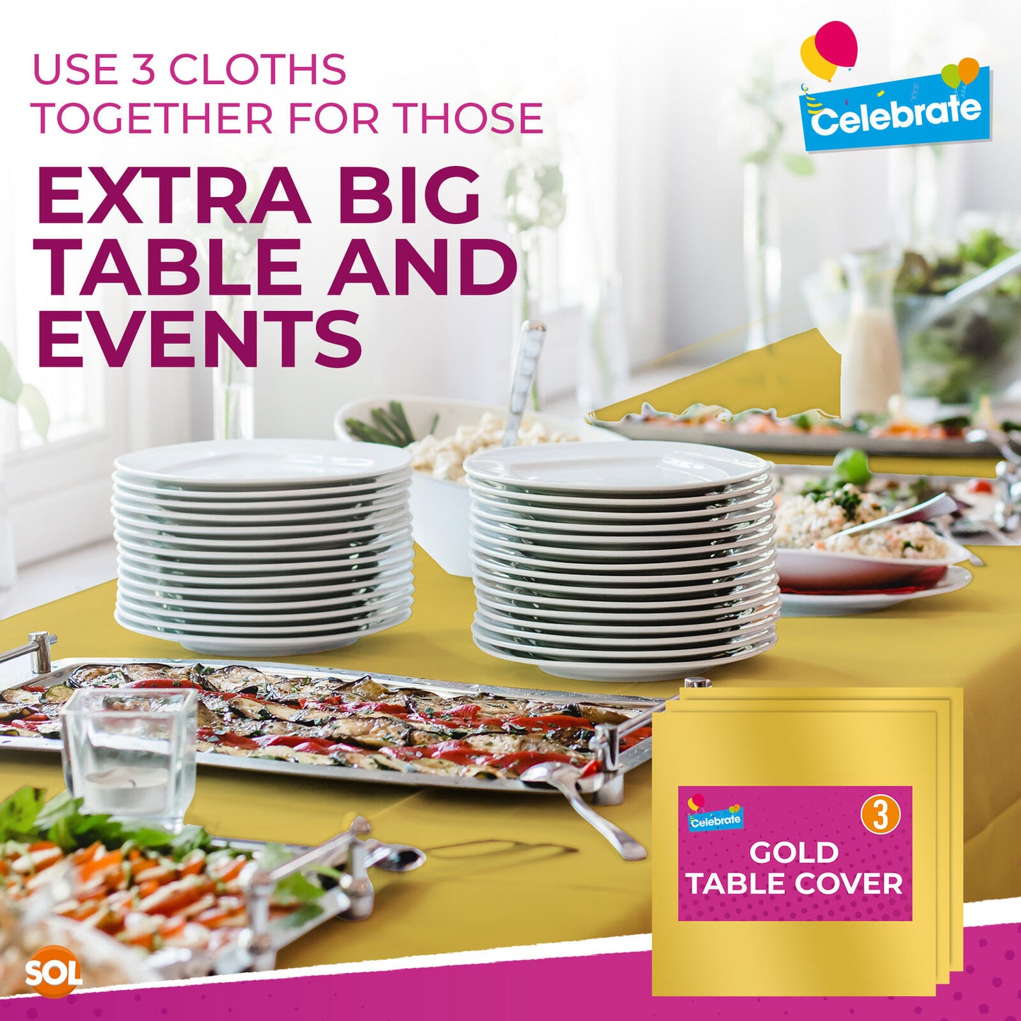 Gold Plastic Table Covers Square Wipe Clean Party Cloth | 3 Pack