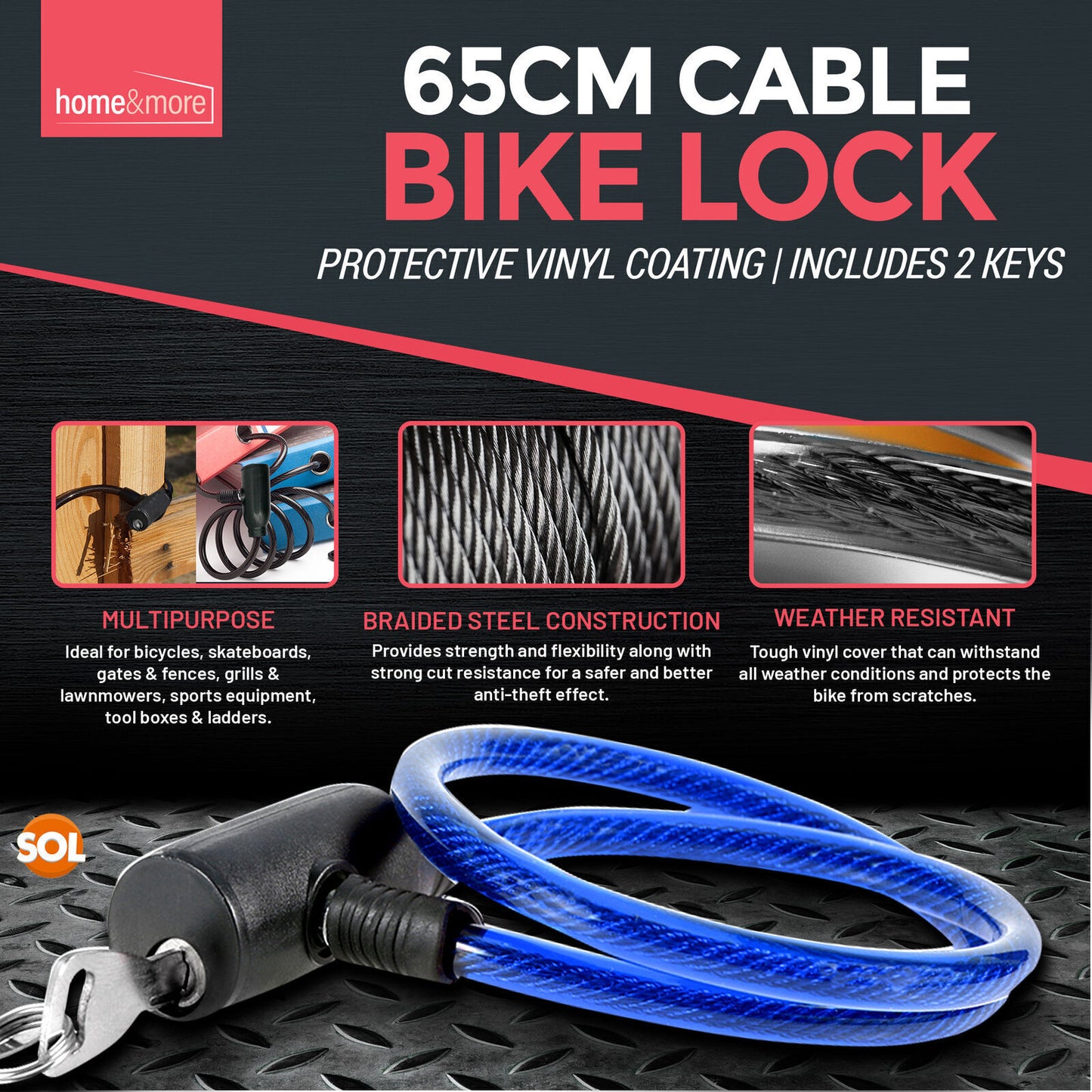Bike Lock Cable with Keys 650mm | Steel Bicycle Security | 2 Pack