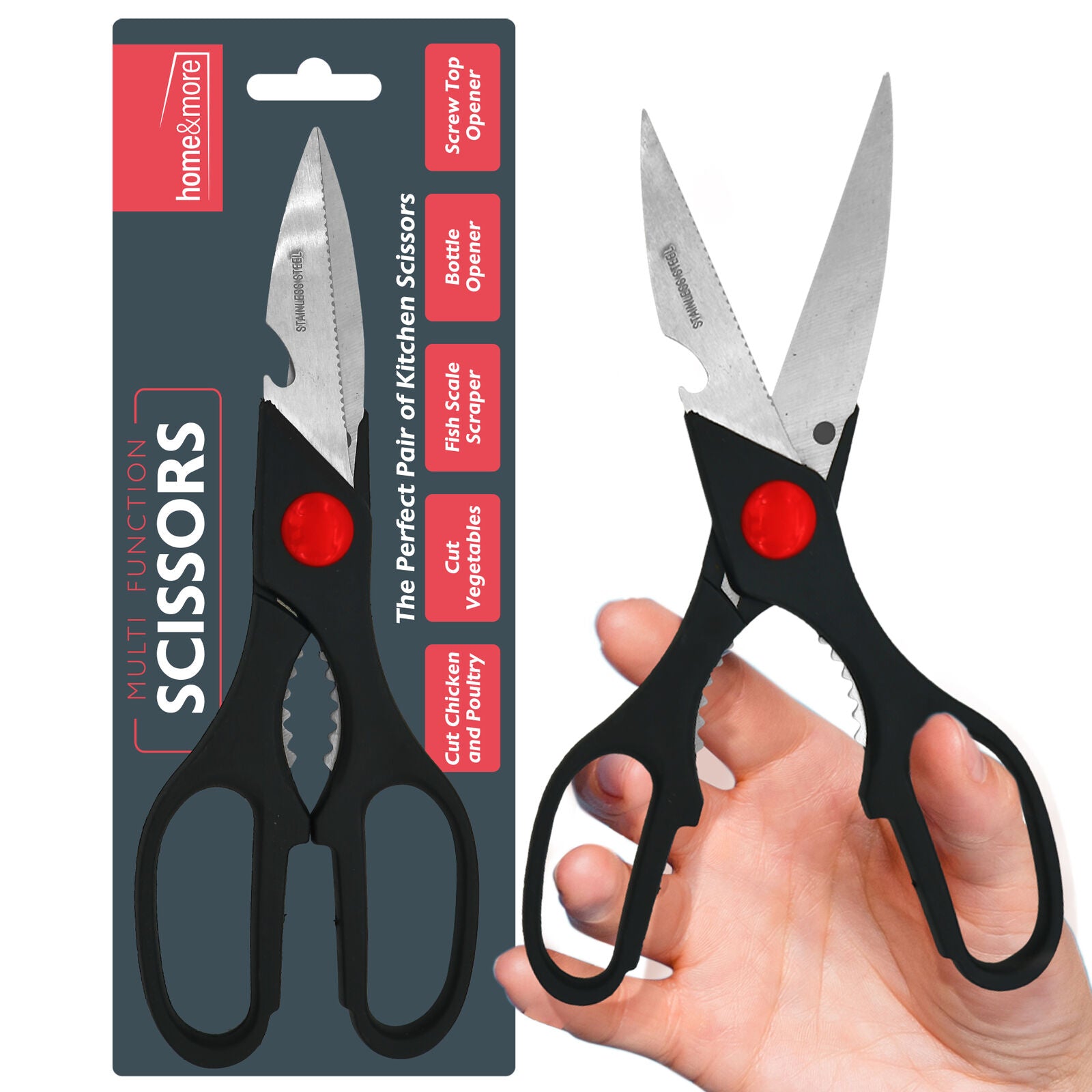 A pair of stainless steel kitchen shears in black color with a red accent, displayed in its packaging.