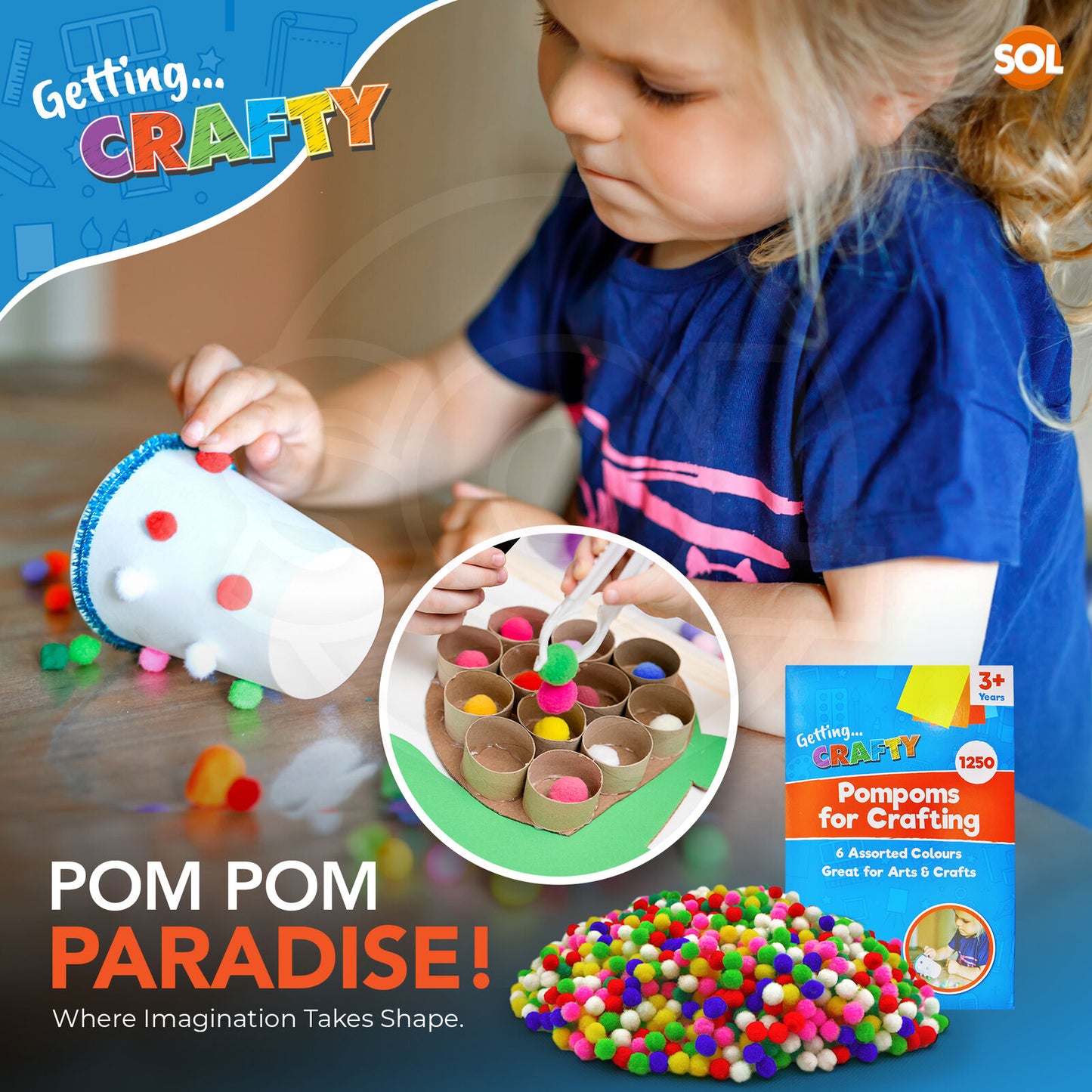 Mini Pom Poms 8mm | Multicoloured Craft Pompoms | 1250 Pack