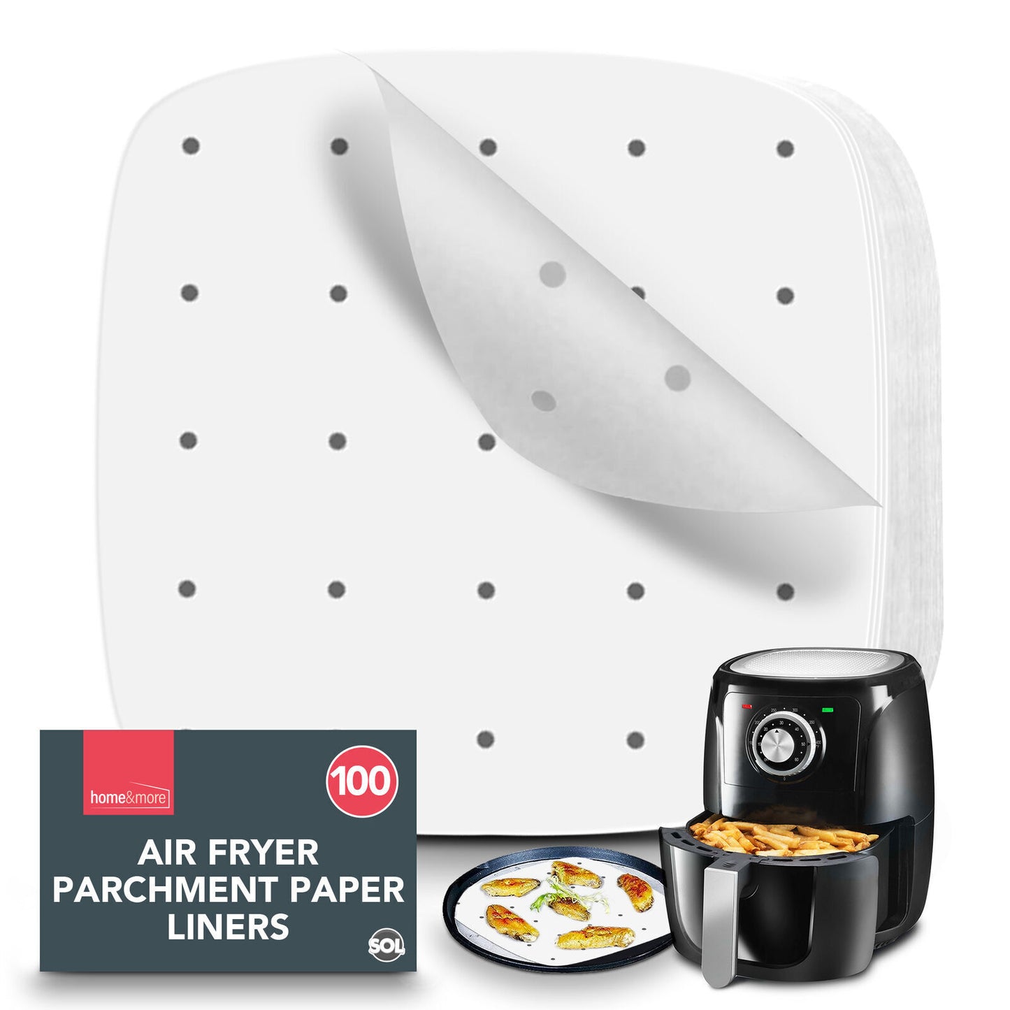 Perforated Air Fryer Liners Disposable Parchment Baking Paper 26cm Square | 100 Pack