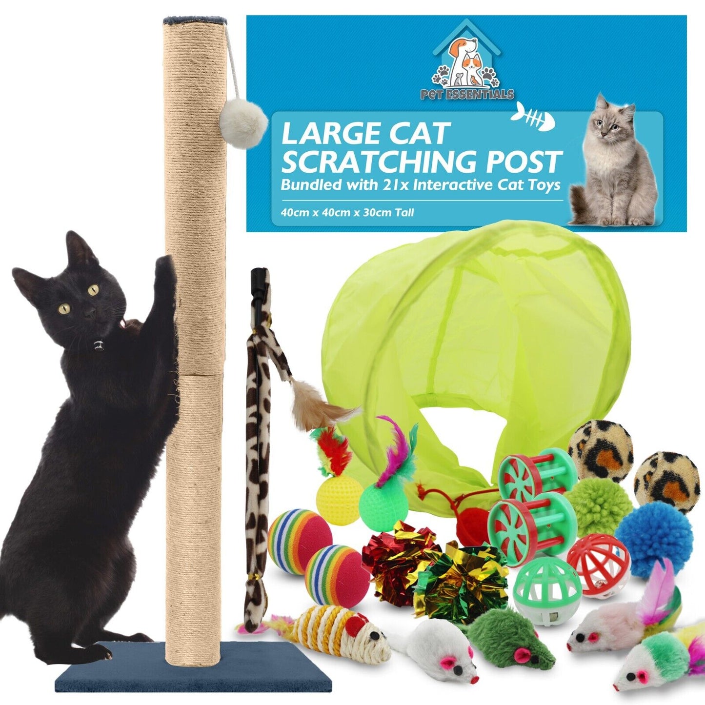 Cat Scratching Post Scratch Sisal Pole 60cm + 21 Kitten Indoor Toys Interactive