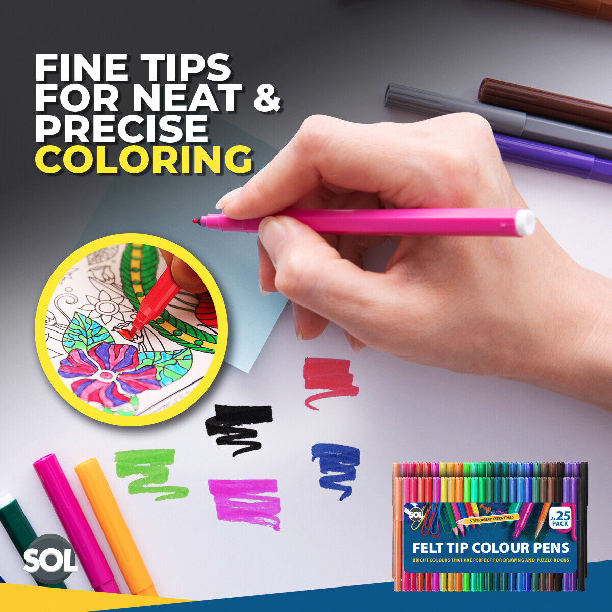 Felt Tip Pens Set | Fine Fibre Drawing Markers School | 50 Pack