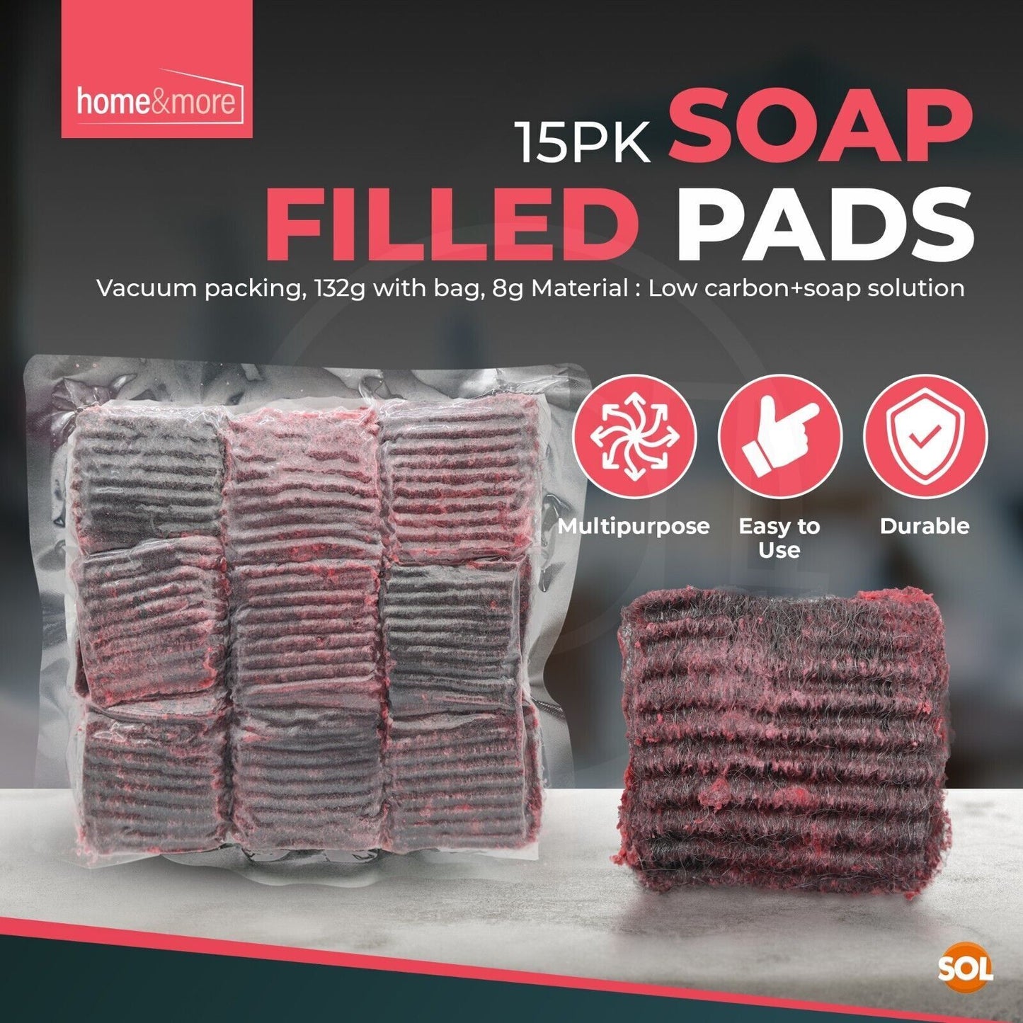 Soap Filled Pads Sponge Scourer Steel Wool | Kitchen Cleaning | 15 Pack