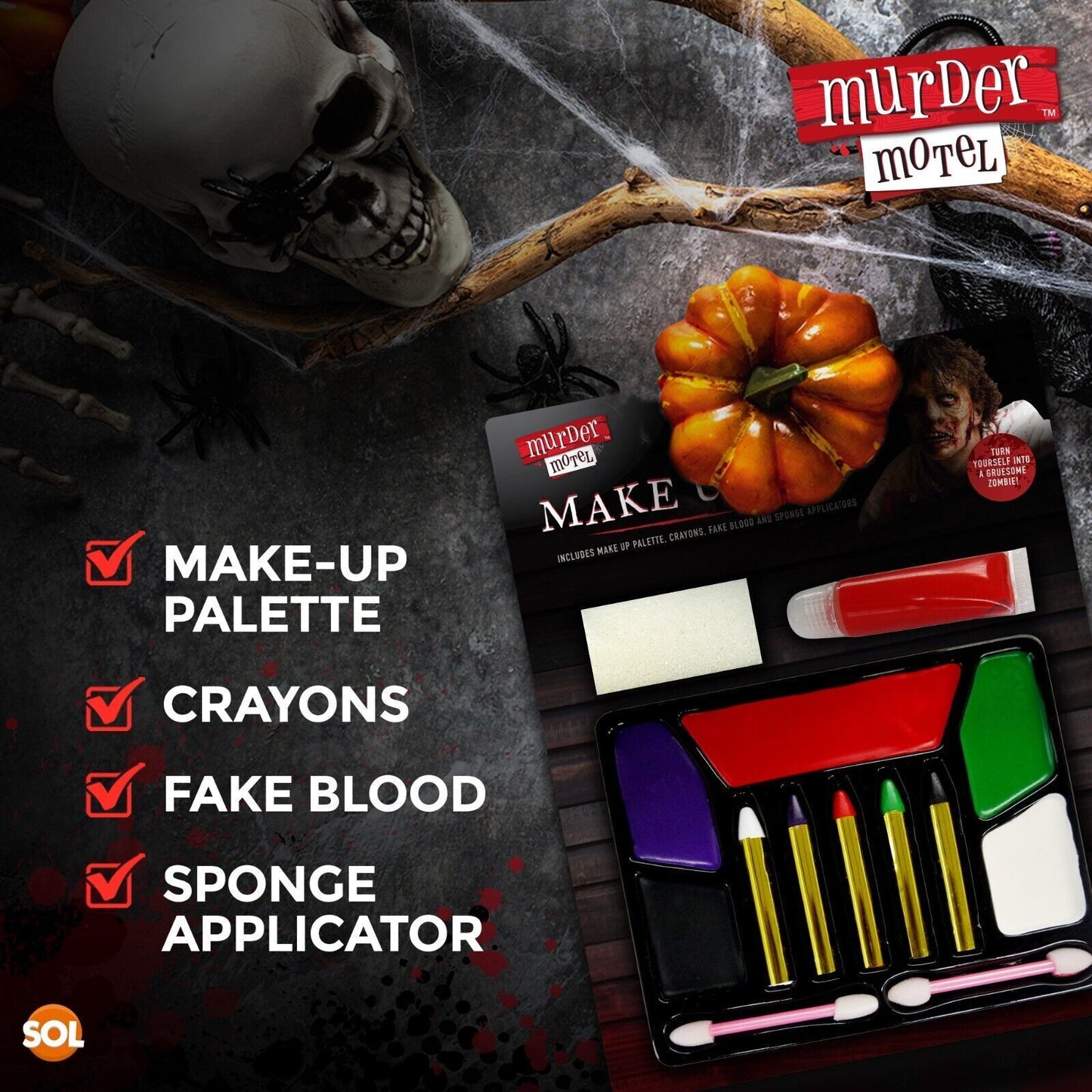 Halloween Zombie Make Up Kit | Horror Face Paint Set | Fake Blood Crayons Sponge
