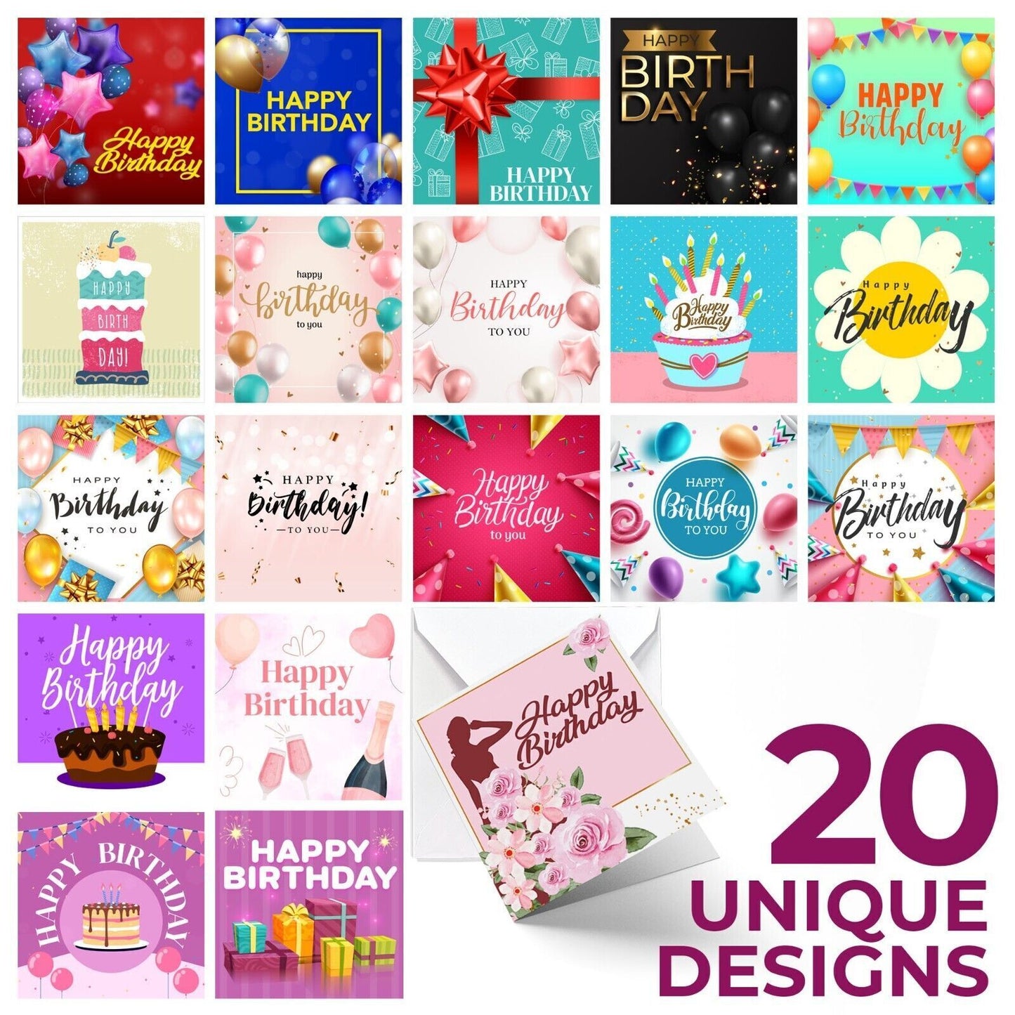 Happy Birthday Cards Mixed Pack | Male & Female Designs with Envelopes | 20 Pack