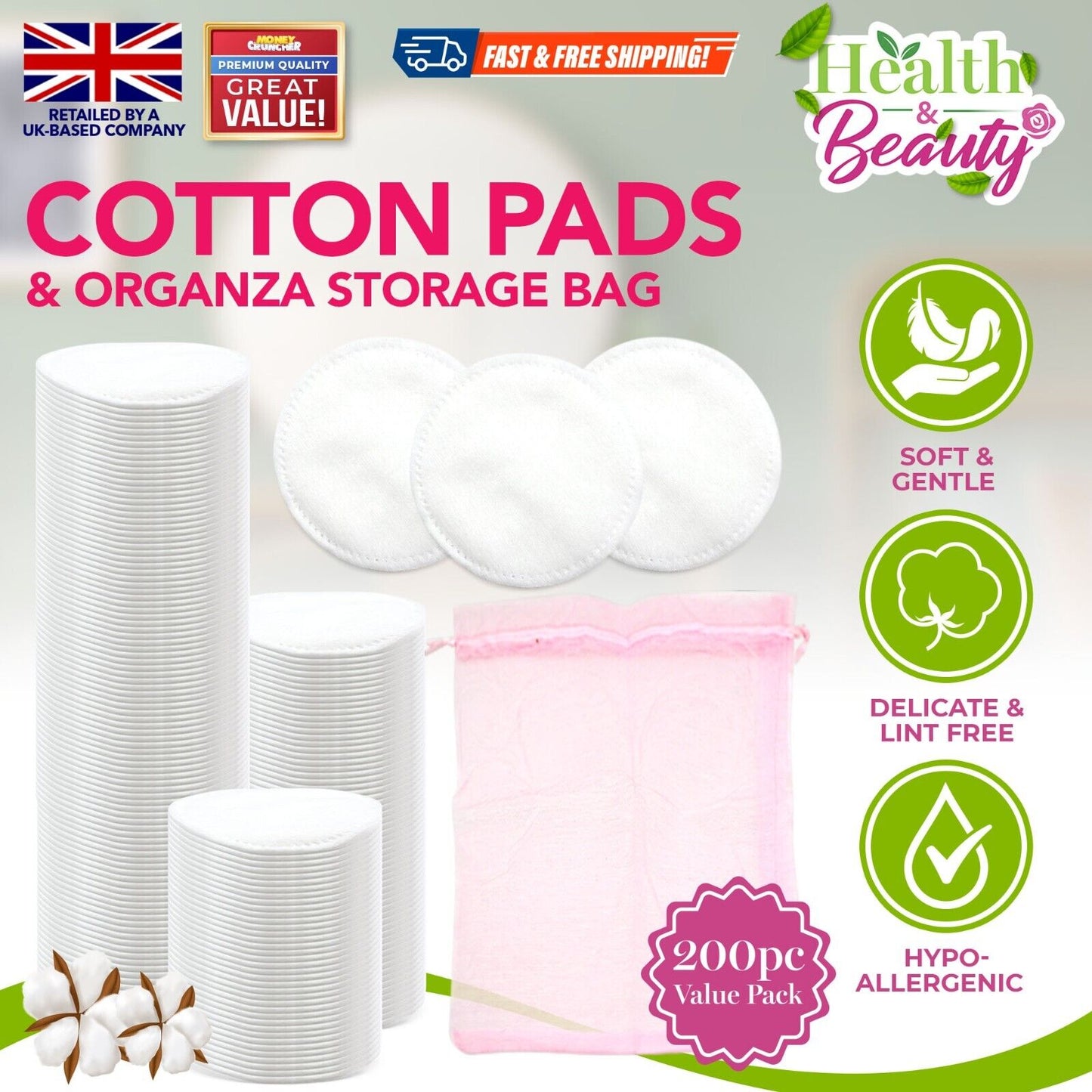 200pk Round Cotton Wool Pads for Face Baby Beauty Cosmetic Make up Remover & BAG