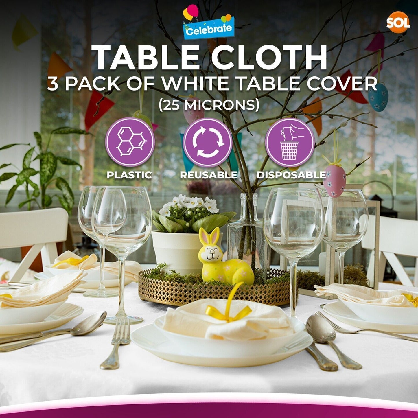 White Plastic Round Table Covers 140cm | Disposable Wipe Clean Party Cloth | 3 Pack