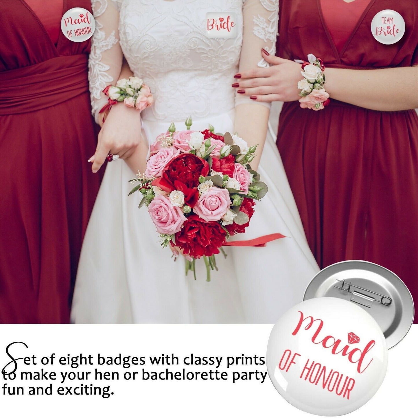 8 Team Bride Hen Party Badges | Pink Night Do Accessories Bag Fillers Pin Set