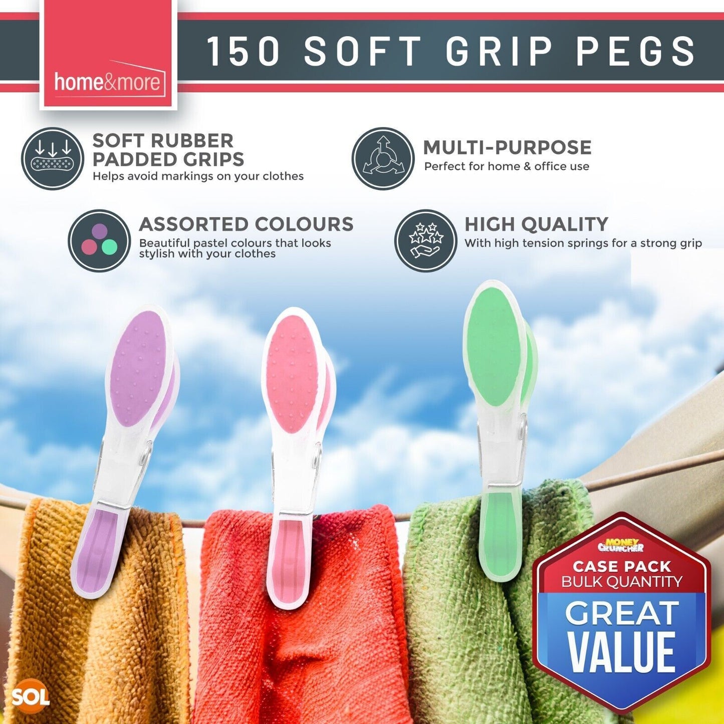 150 Pack Soft Grip Clothes Pegs Strong Plastic Laundry Rubber Clips Washing Line
