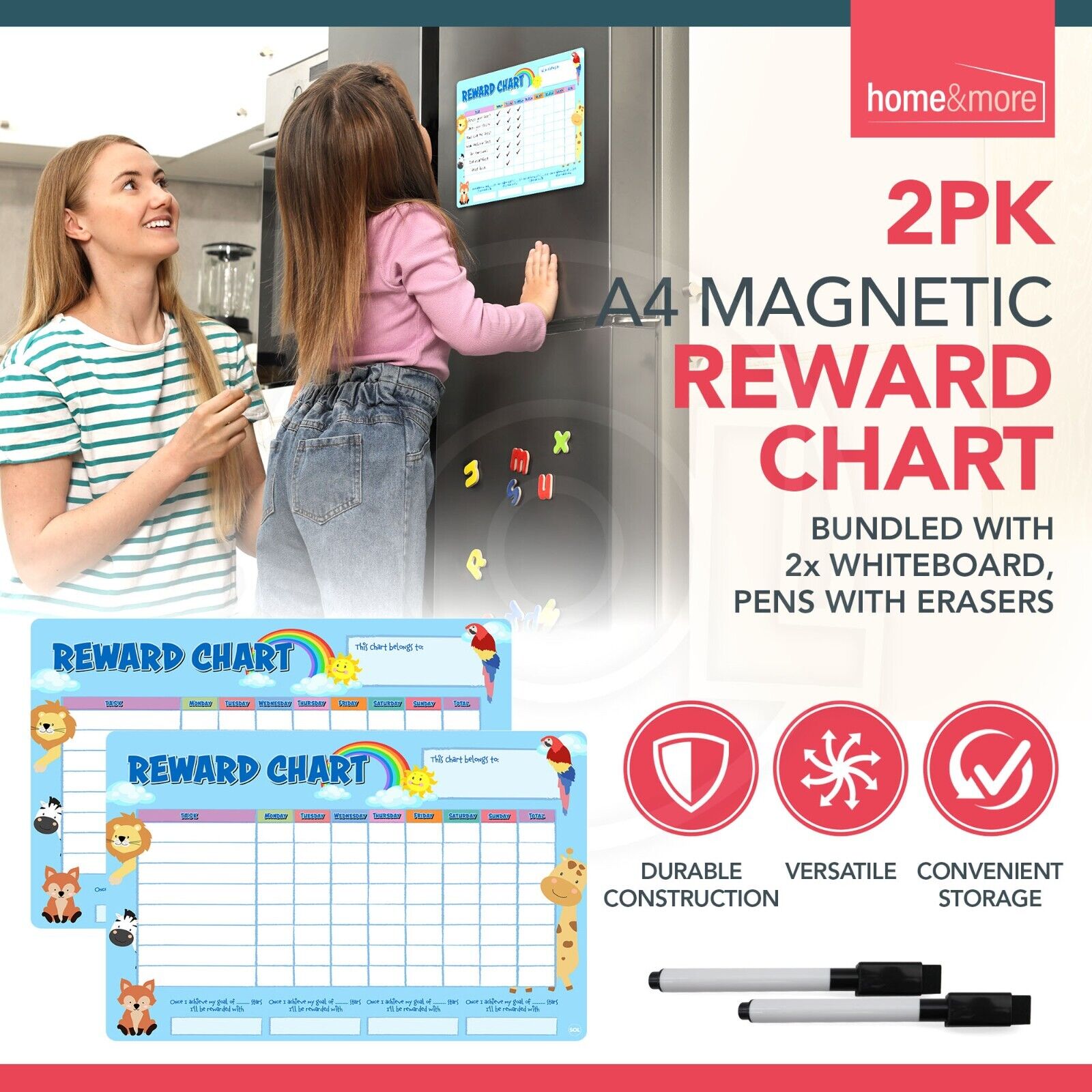 2pk Magnetic Reward Chart Reusable Behaviour Chore For Kids Children + Wipe Pens