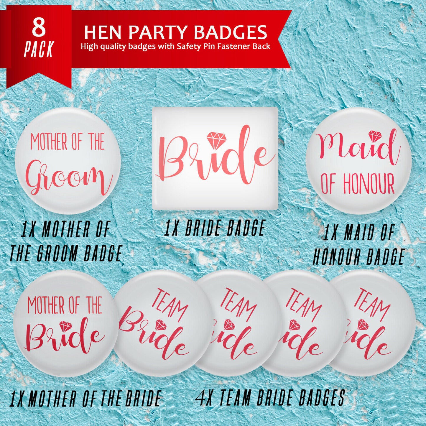 8 Team Bride Hen Party Badges | Pink Night Do Accessories Bag Fillers Pin Set