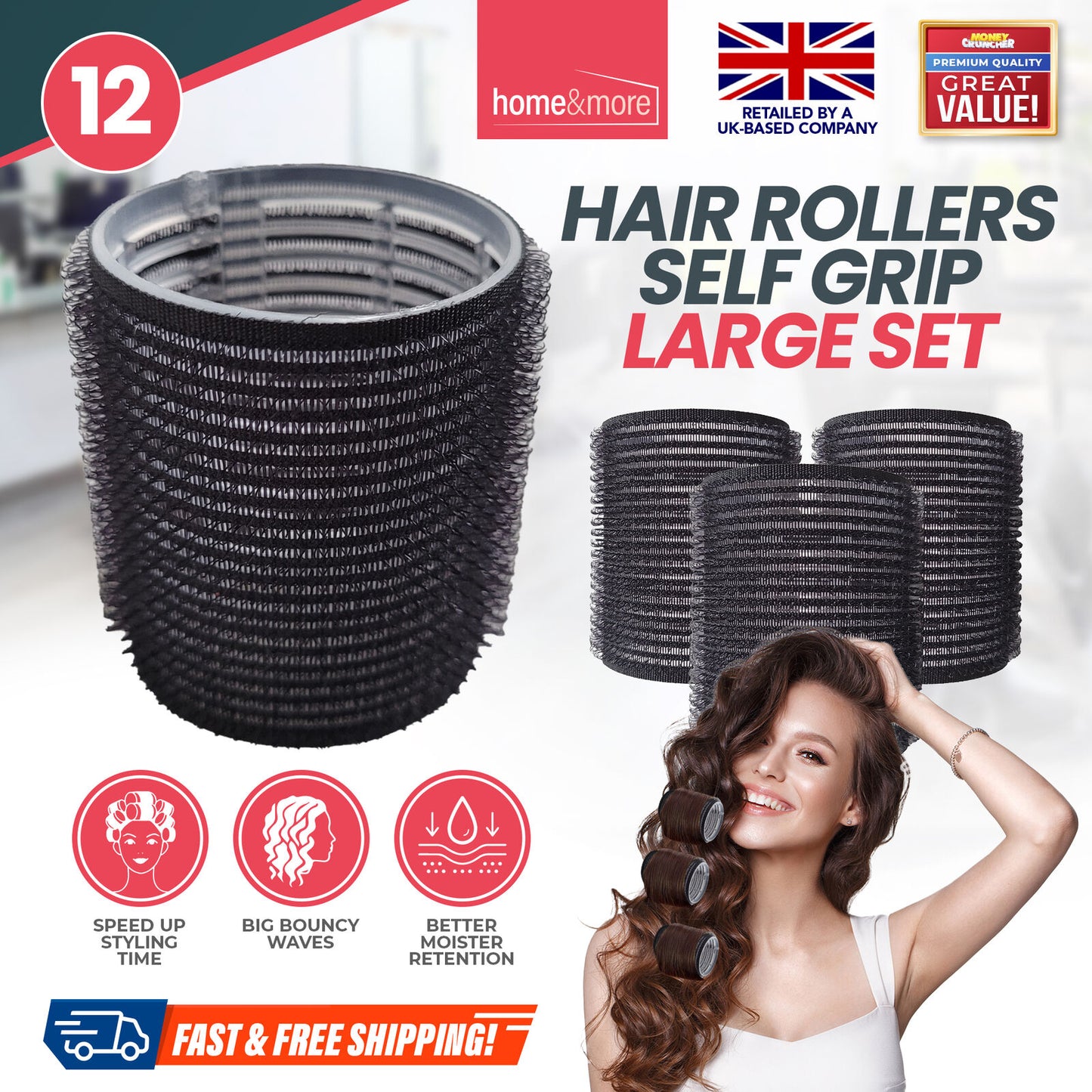 Heatless Hair Rollers Black | Self Grip Curlers for Bouncy Waves | 4 Pack