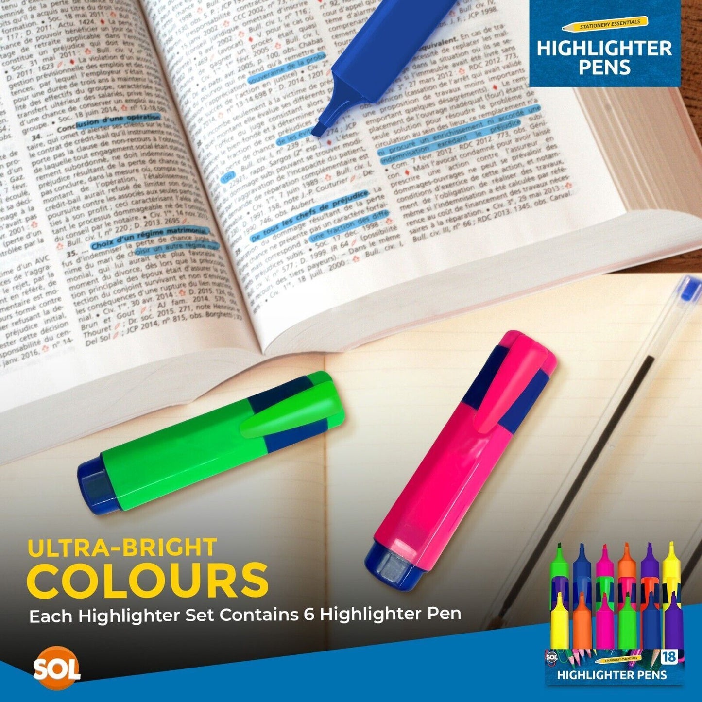 Highlighter Pens Fluorescent Colour Marker School Set | 6 Pack