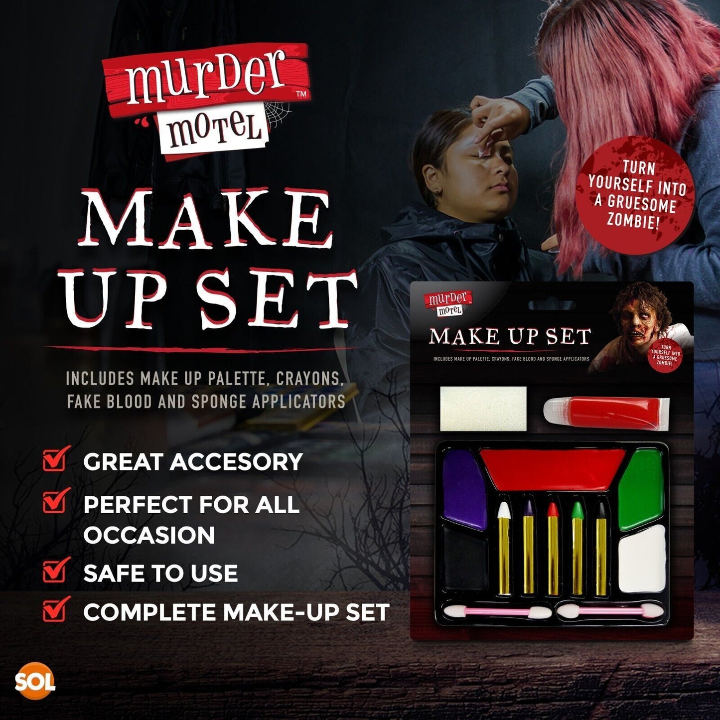 Halloween Zombie Make Up Kit | Horror Face Paint Set | Fake Blood Crayons Sponge