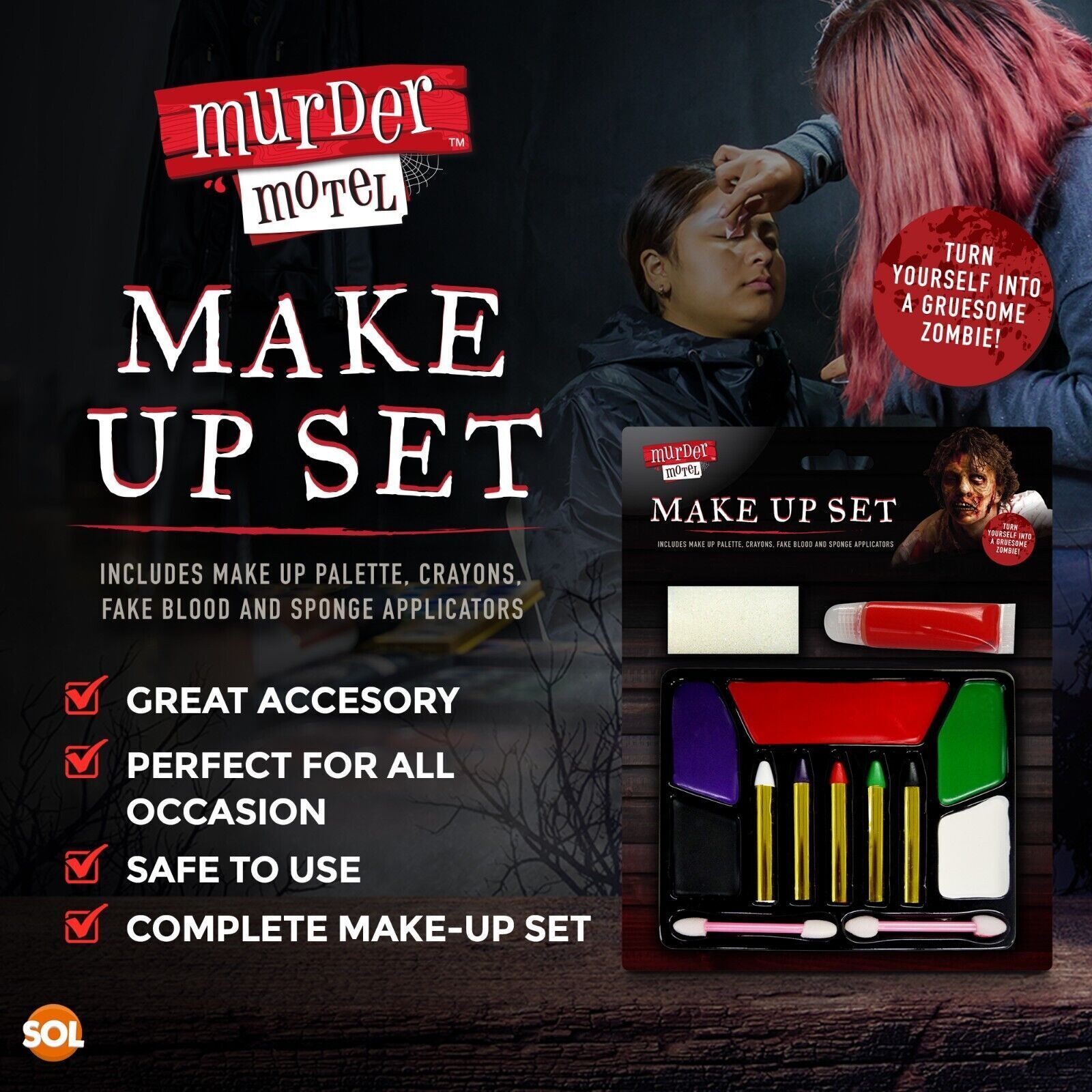 Halloween Zombie Make Up Kit | Horror Face Paint Set | Fake Blood Crayons Sponge