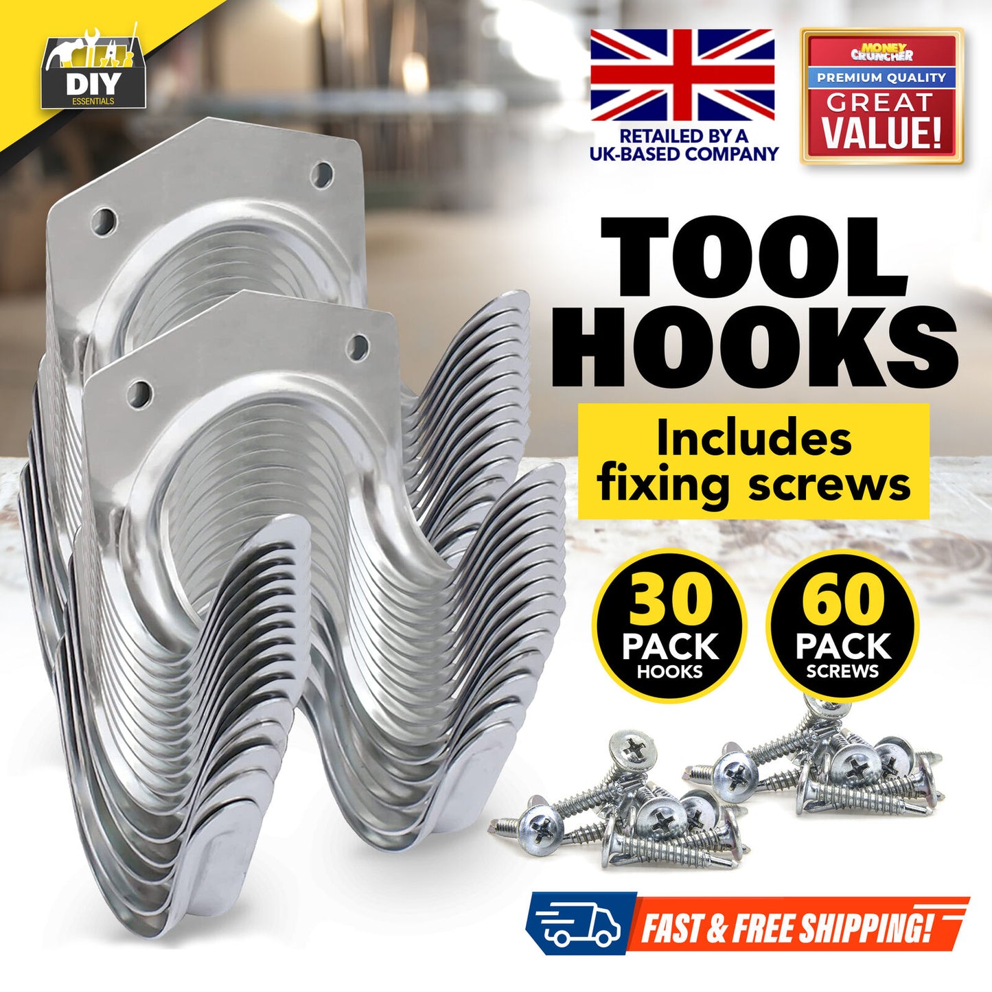 Tool Hooks & Screws | Garage Wall Bike Storage | 30 Pack