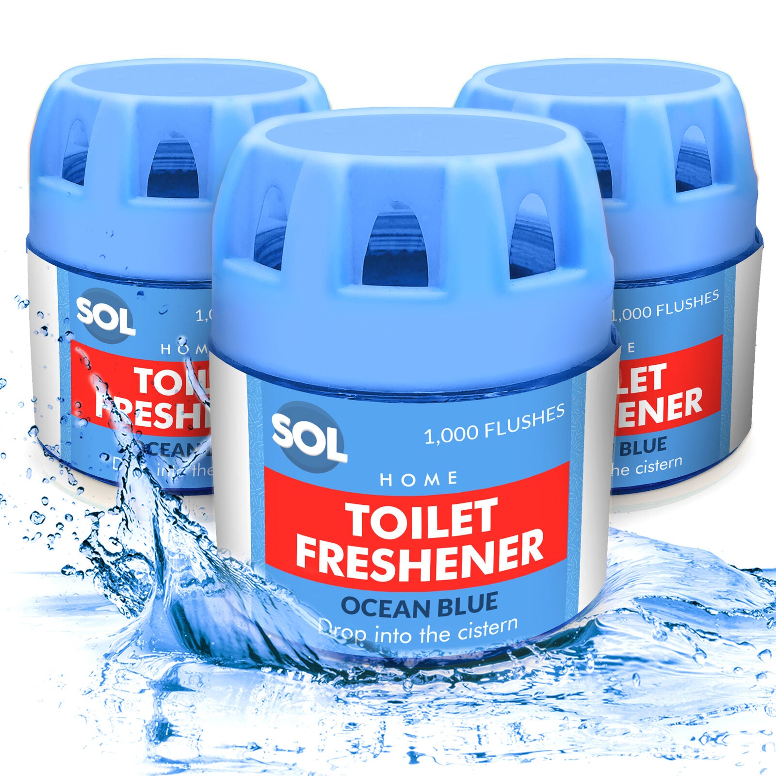 Value pack of 3 ocean blue toilet bowl fresheners with limescale cleaner—each block lasts up to 1000 flushes, perfect for busy households or bulk bathroom maintenance