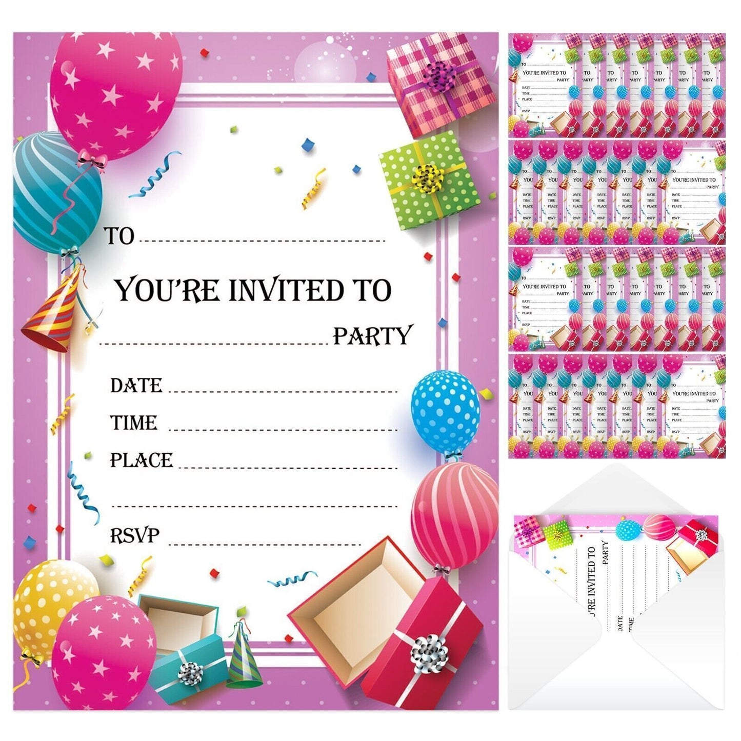 28-56 Birthday Party Invitations Girls Boys Kids Children Invites with Envelopes