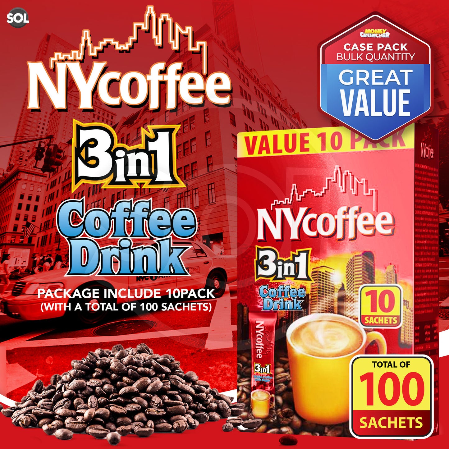 NY Coffee 3 in 1 Instant White with Sugar 100 Sachets Sticks (10x10pk)