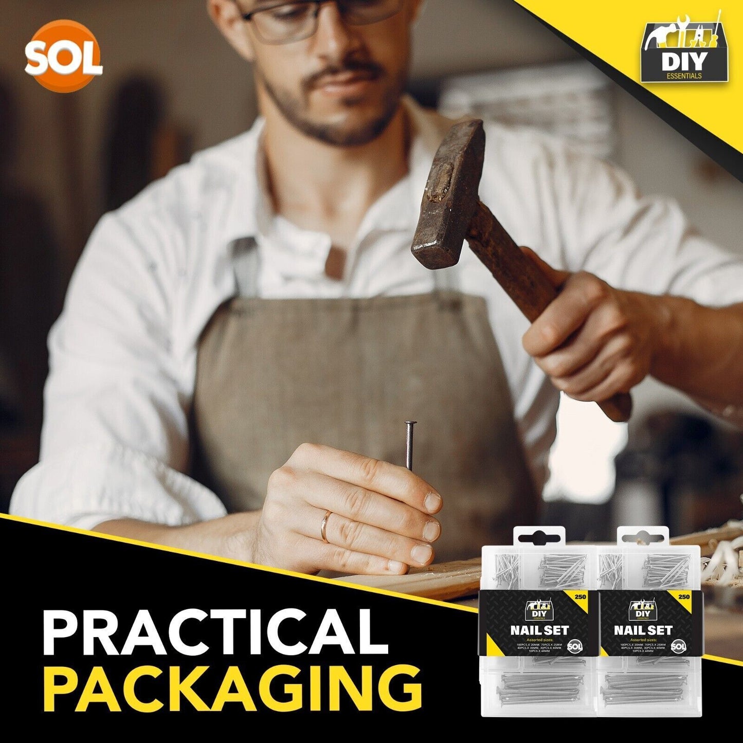 Flat Head Nails | Assorted Metal Carpentry Woodworking Pins | 500 Pack