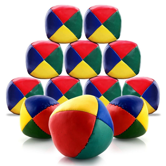 Colorful juggling balls with a geometric pattern on a white background