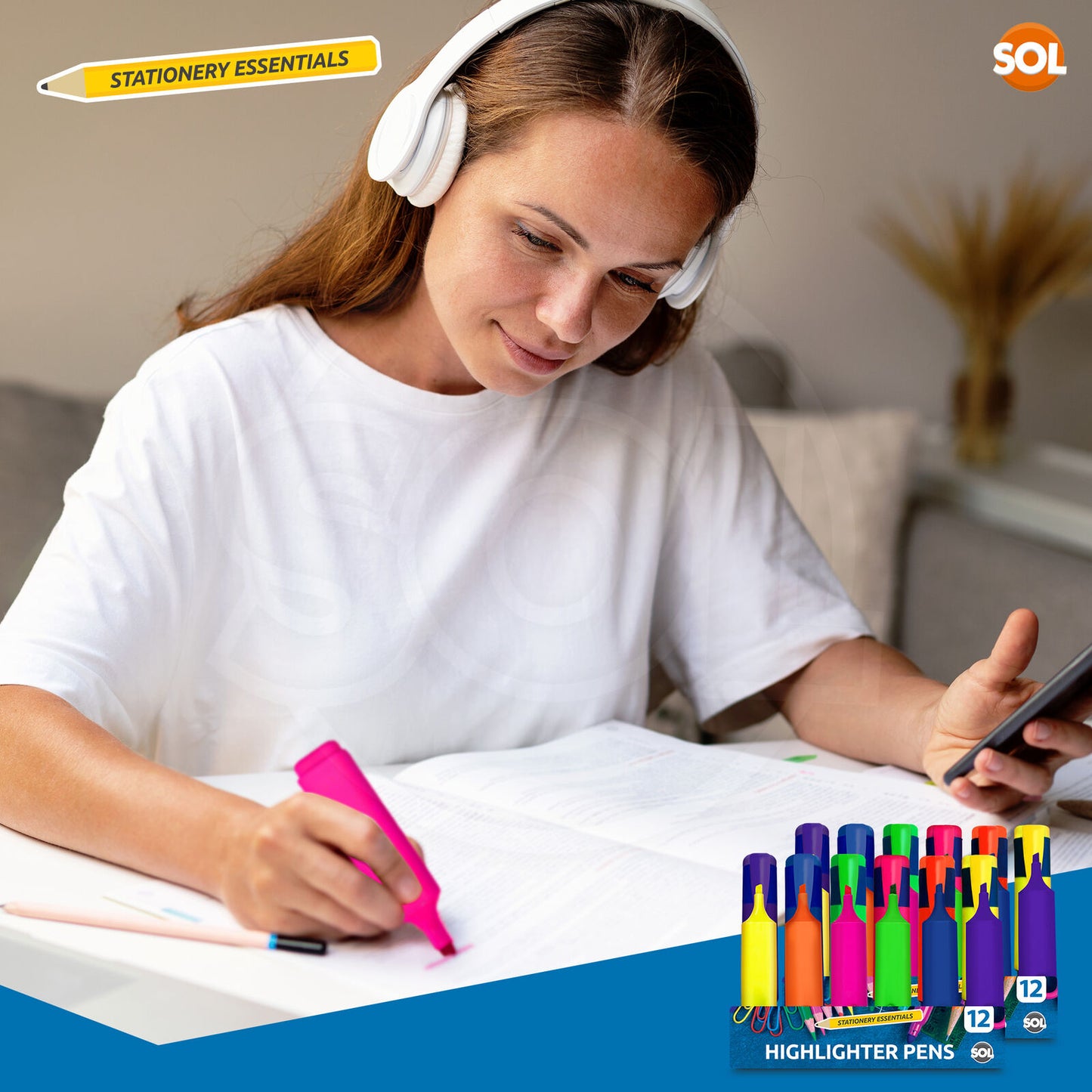 Highlighter Pens Fluorescent Colour Marker School Set | 6 Pack