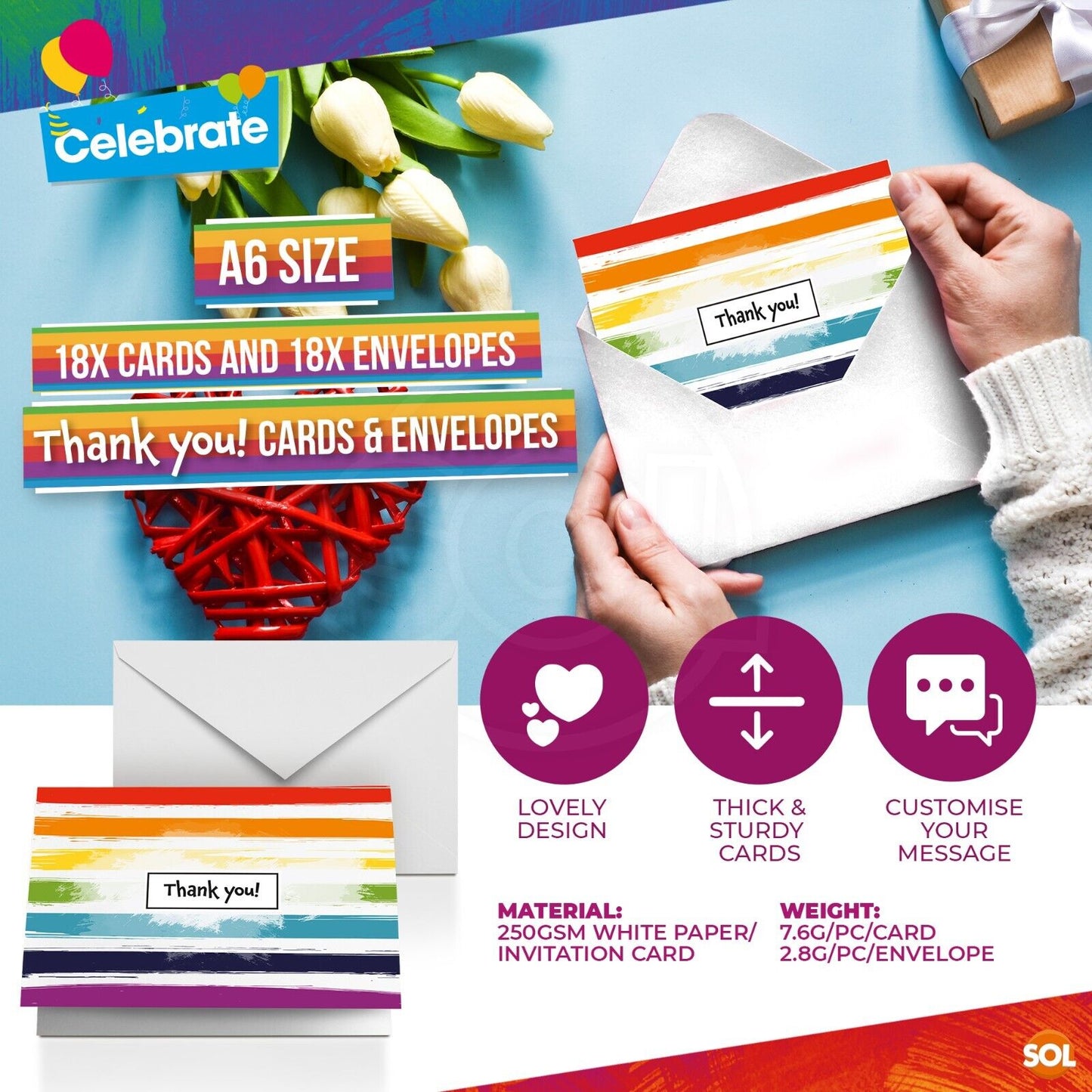 Thank You Cards Multi Pack A6 Notes with Envelopes | 18 Pack