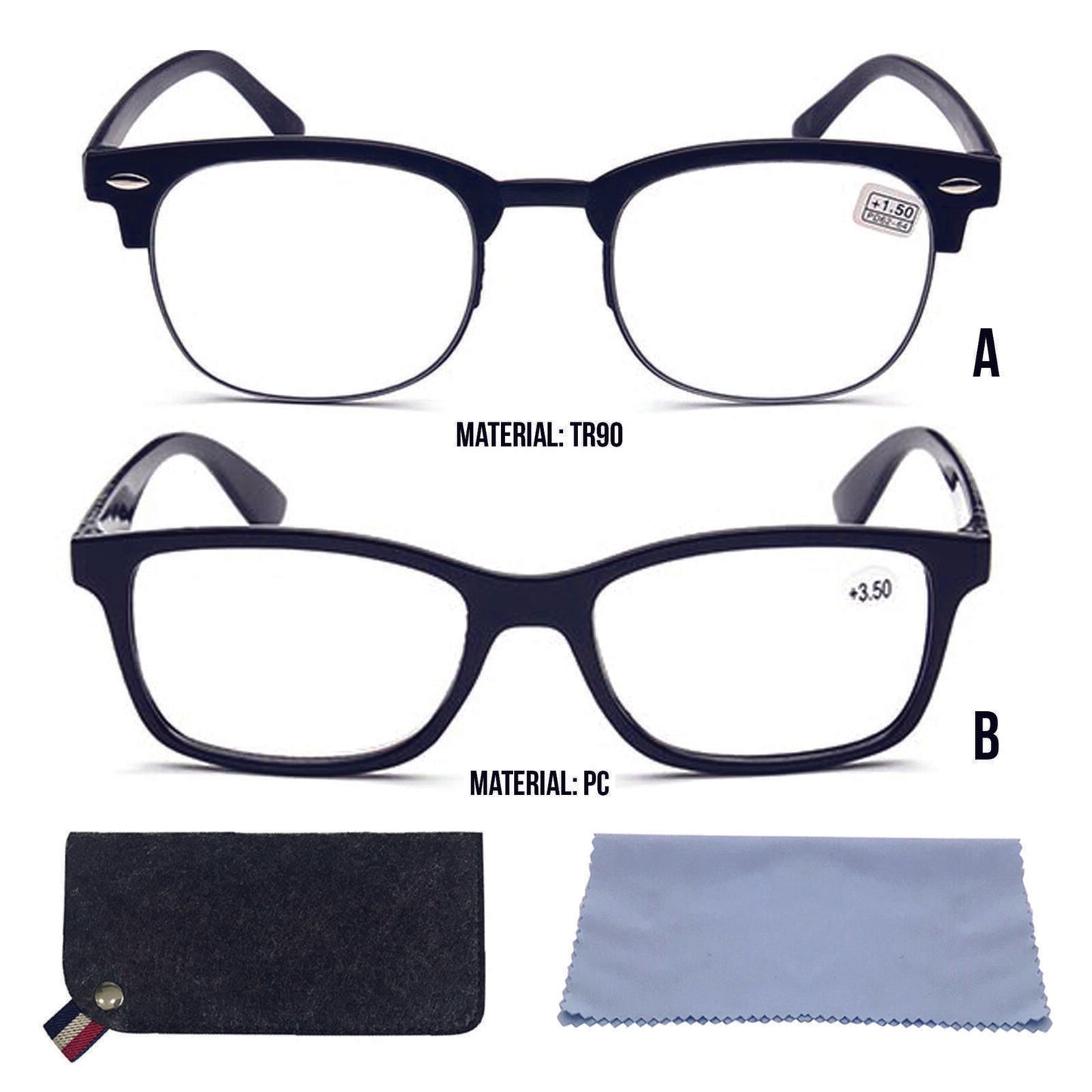 Thin Reading Glasses +1 to +3.5 | Unisex with Case & Cloth
