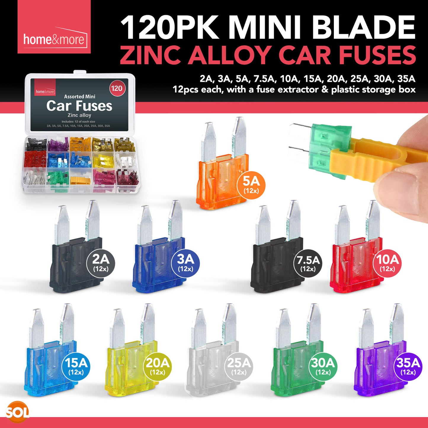 120pk Mini Car Fuses 2-35A Micro Bike Van Auto Fuse Mini Blade Set w/Puller