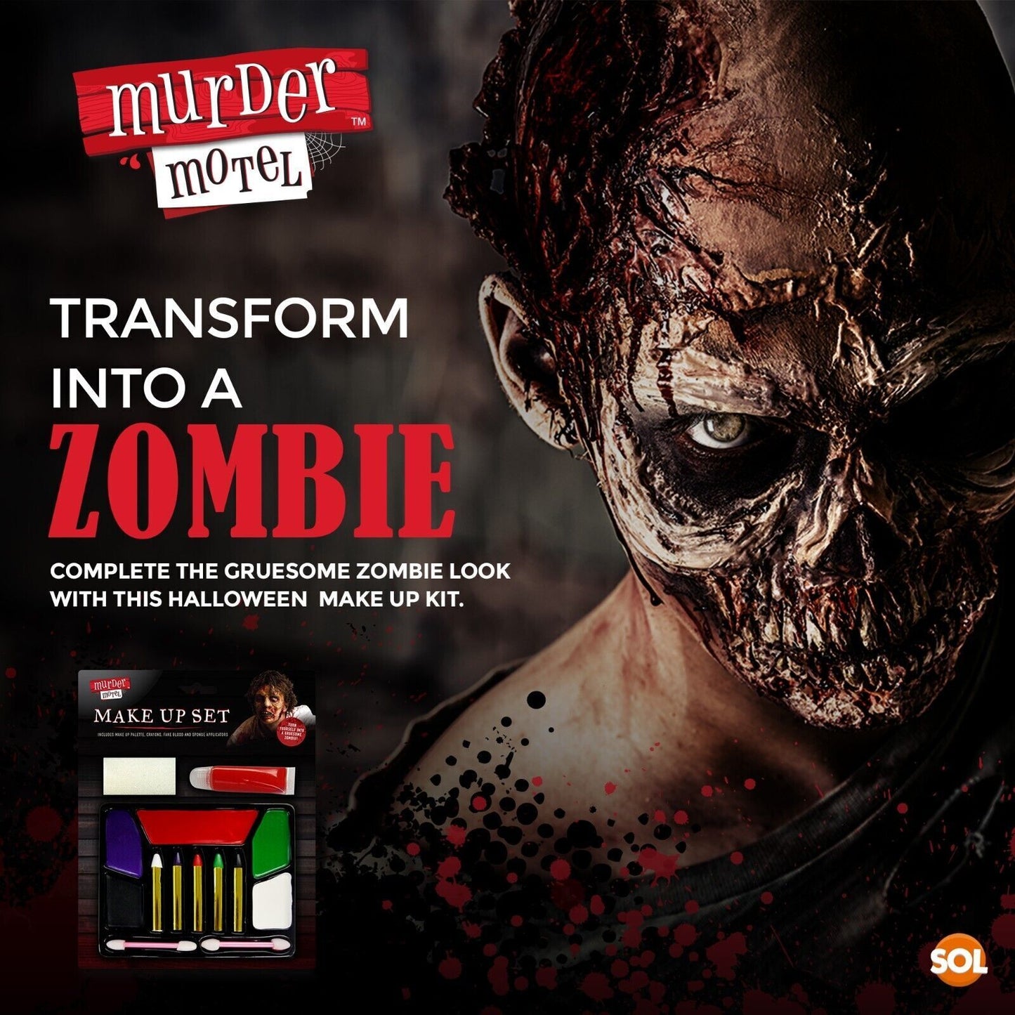 Halloween Zombie Make Up Kit | Horror Face Paint Set | Fake Blood Crayons Sponge