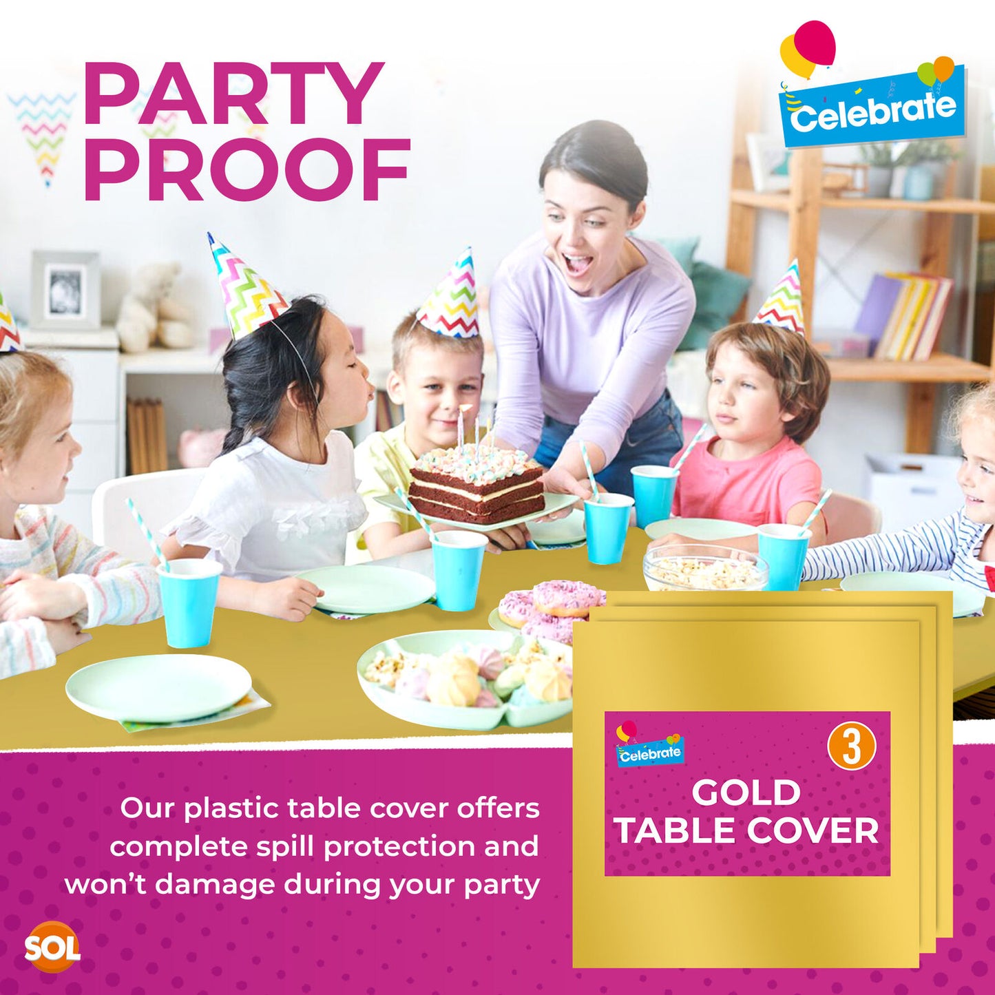 Gold Plastic Table Covers Square Wipe Clean Party Cloth | 3 Pack