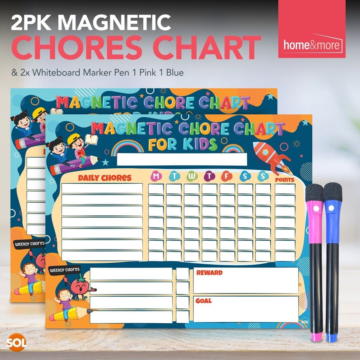 Reward Chart Magnetic Reusable Behaviour Chore for Kids | Includes Wipe Pens | 2 Pack