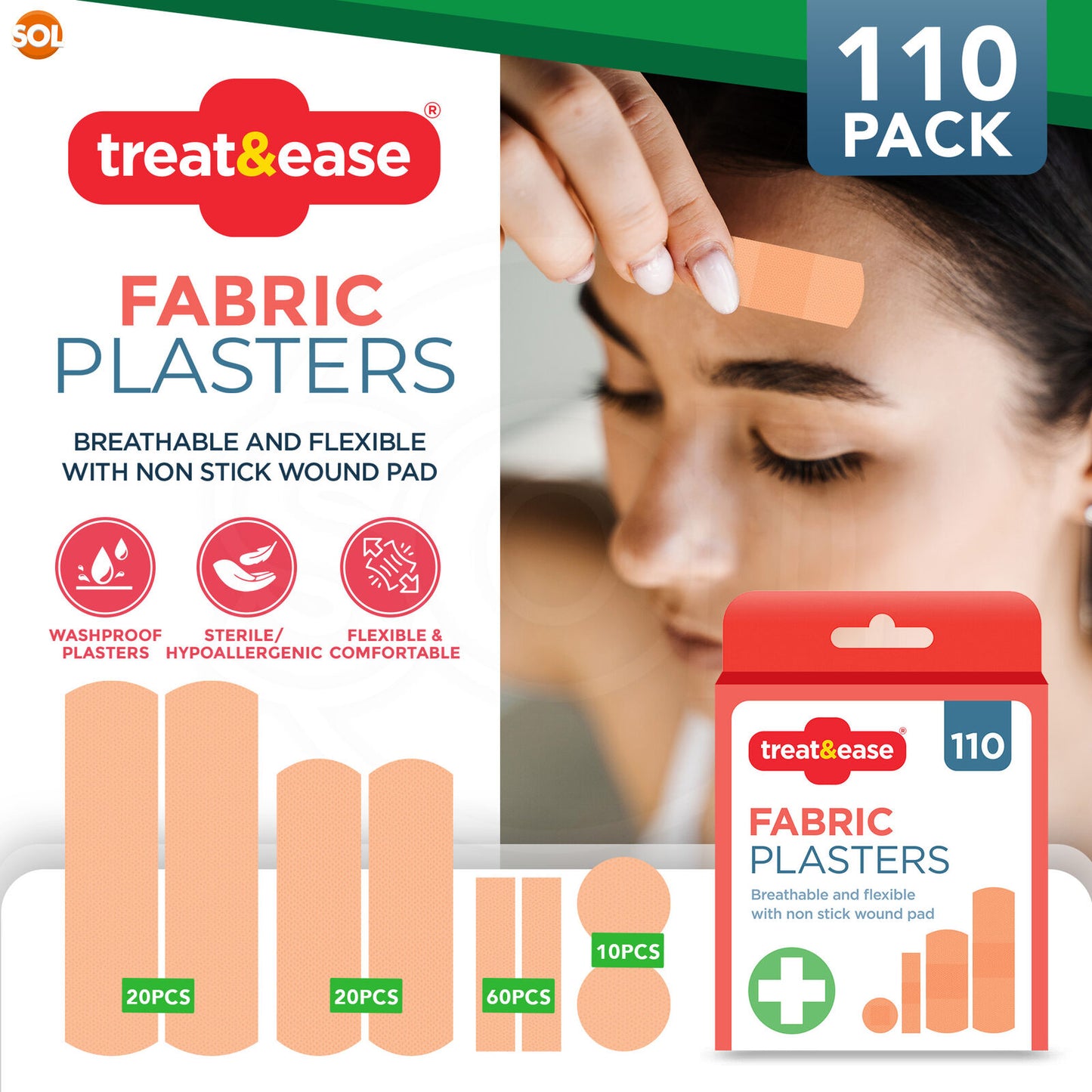 110 Assorted Fabric Plasters Breathable Flexible Adhesive FirstAid Wound Healing