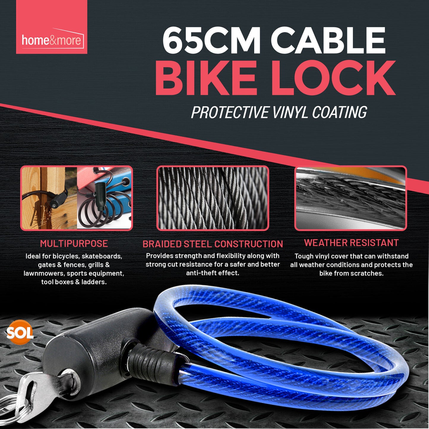 Bike Lock Cable with Keys 650mm | Steel Bicycle Security | 2 Pack