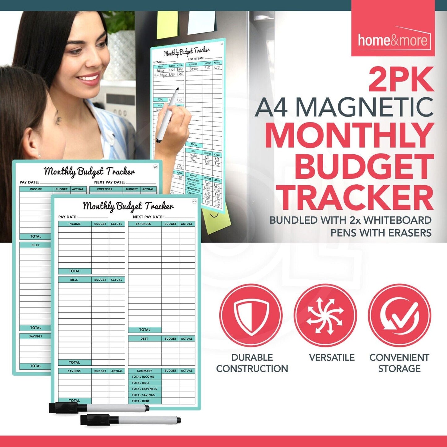 2pk Magnetic Monthly Budget Planner Money Saving Organiser Tracker + Wipe Pens