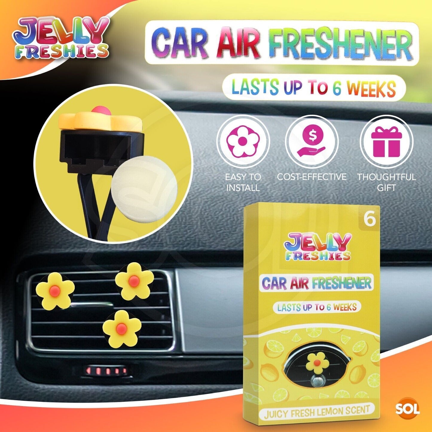 Car Air Freshener Clip Lemon Scent Flowers – 6 Pack