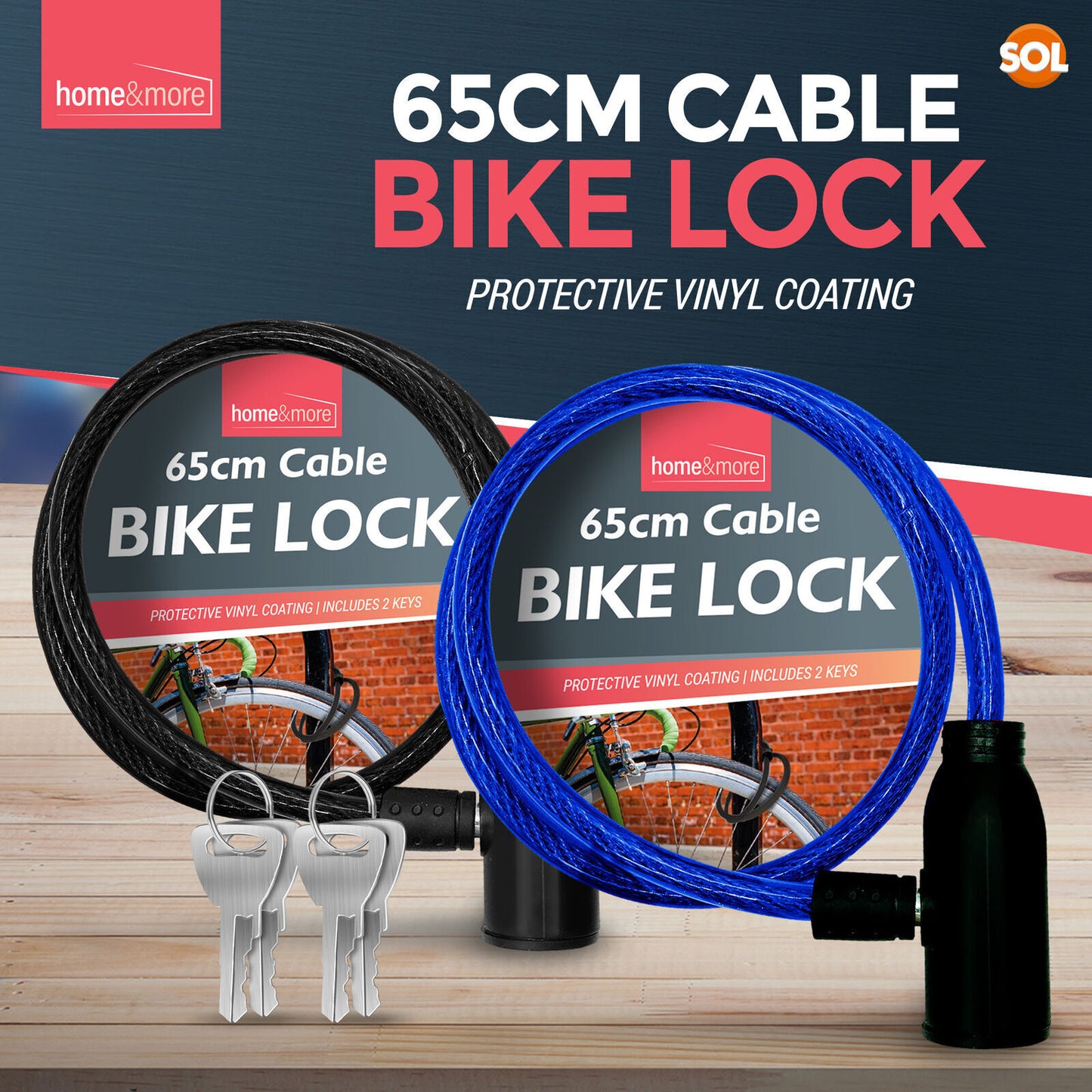 Bike Lock Cable with Keys 650mm | Steel Bicycle Security | 2 Pack