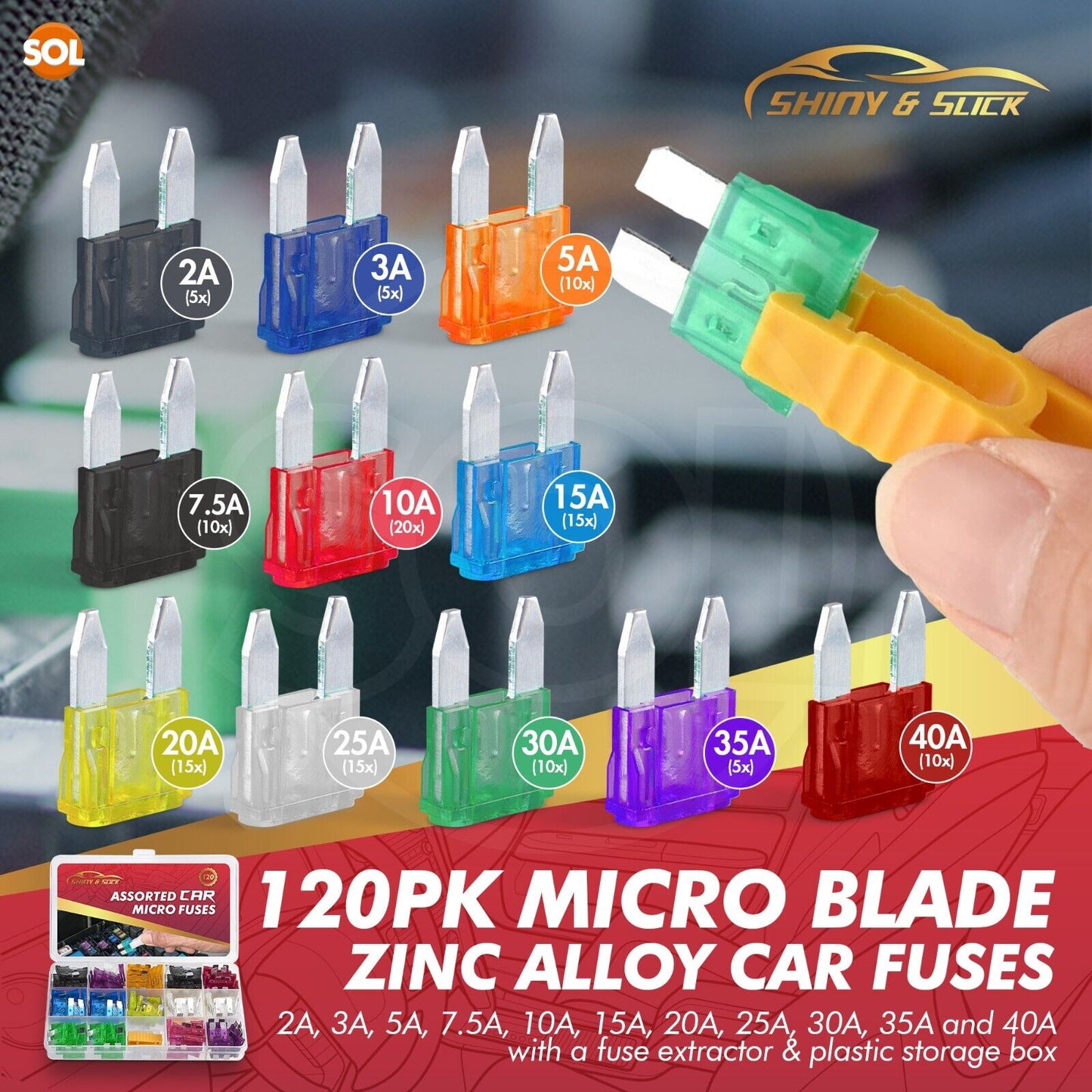 Mini Car Fuses 2-40A | Micro Blade Set with Puller | 120 Piece