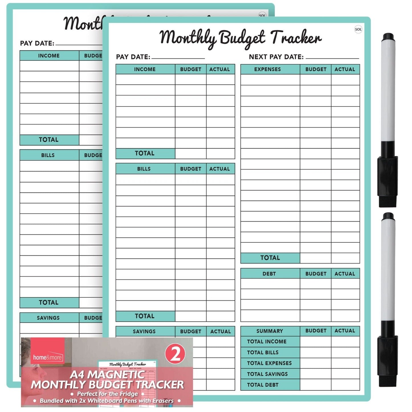 2pk Magnetic Monthly Budget Planner Money Saving Organiser Tracker + Wipe Pens