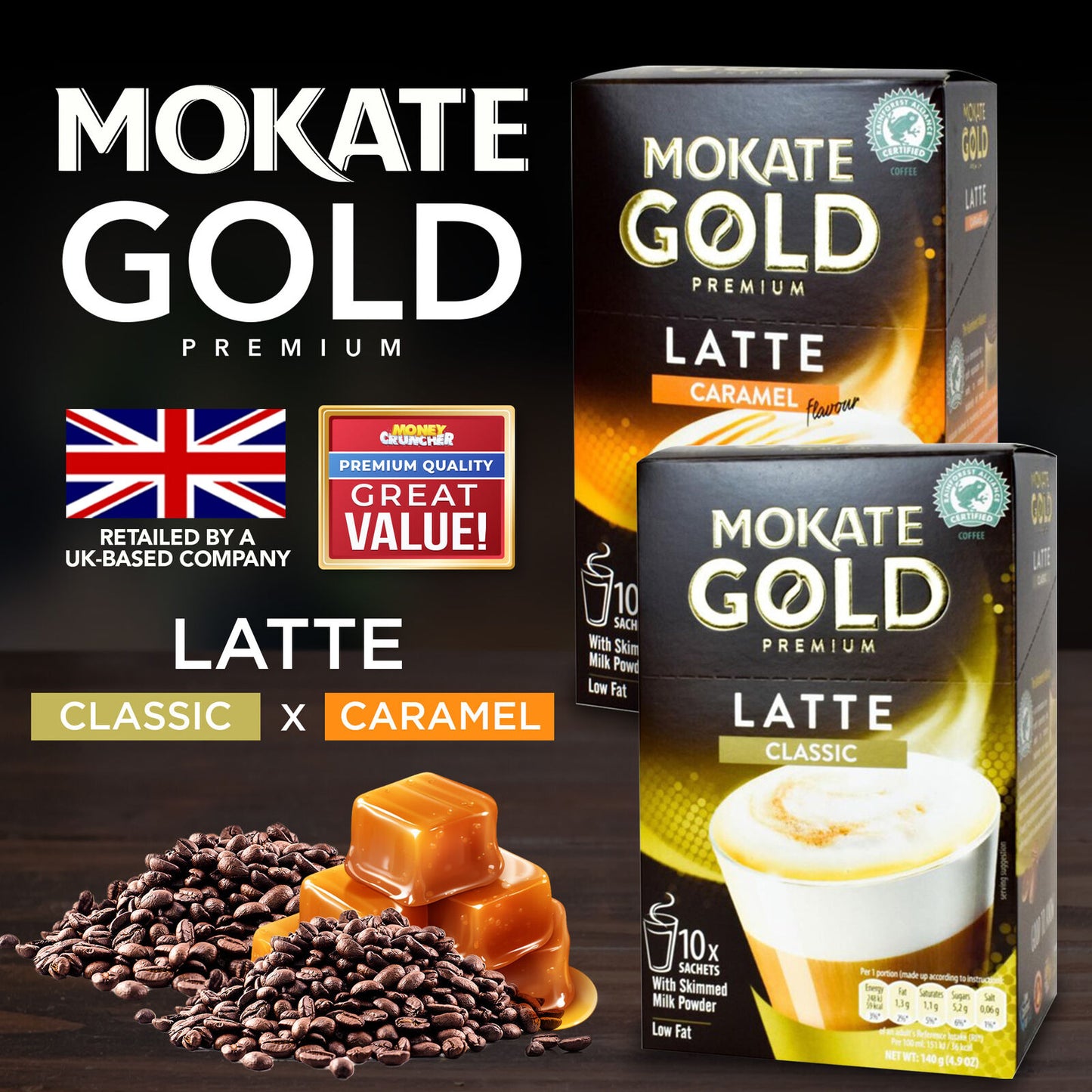 60-120 Mokate Gold Latte Coffee Sachets | Premium Caramel Classic Instant Sticks