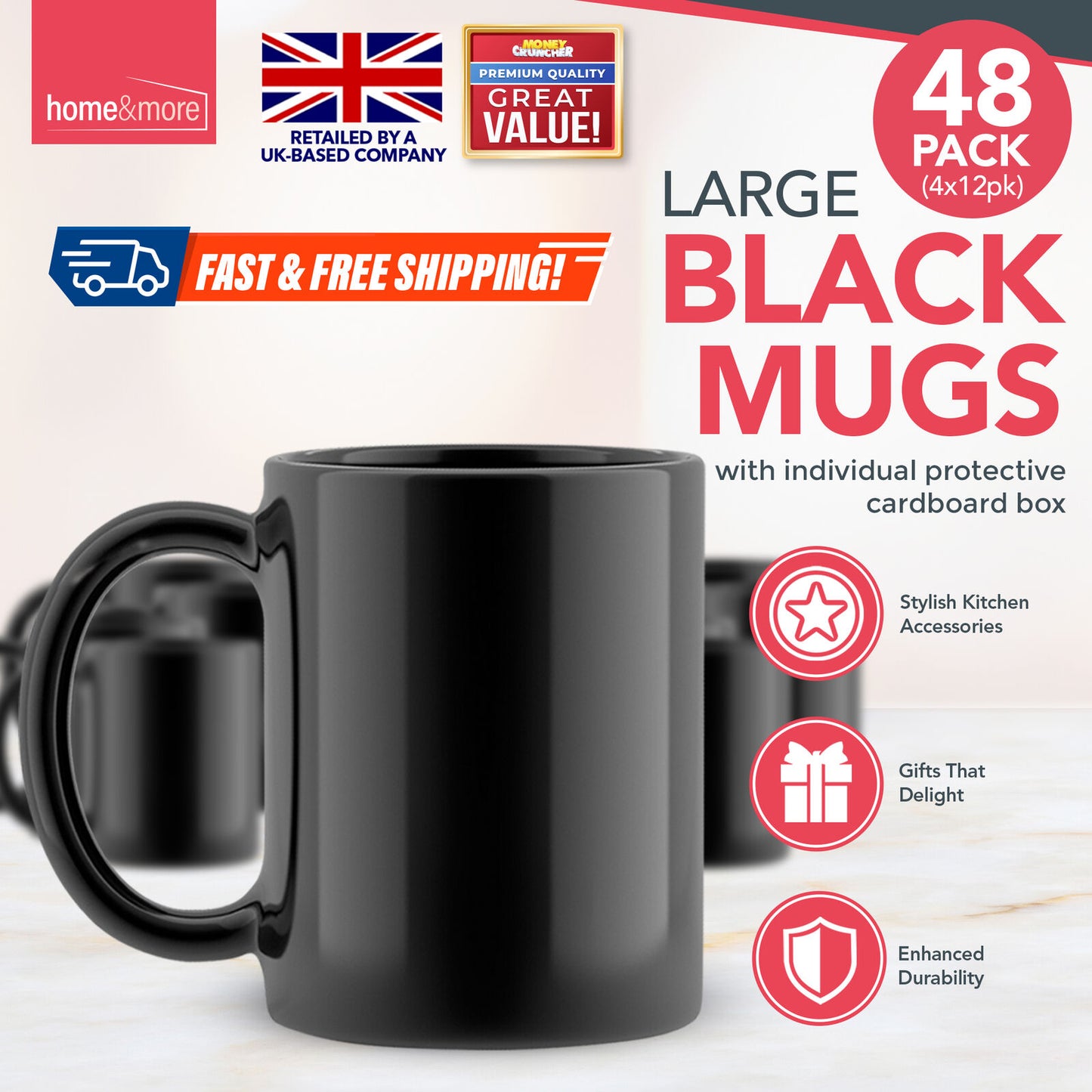 Plain Black Mugs 330ml | Large Coffee & Tea Cups | Bulk Set 12 Pack