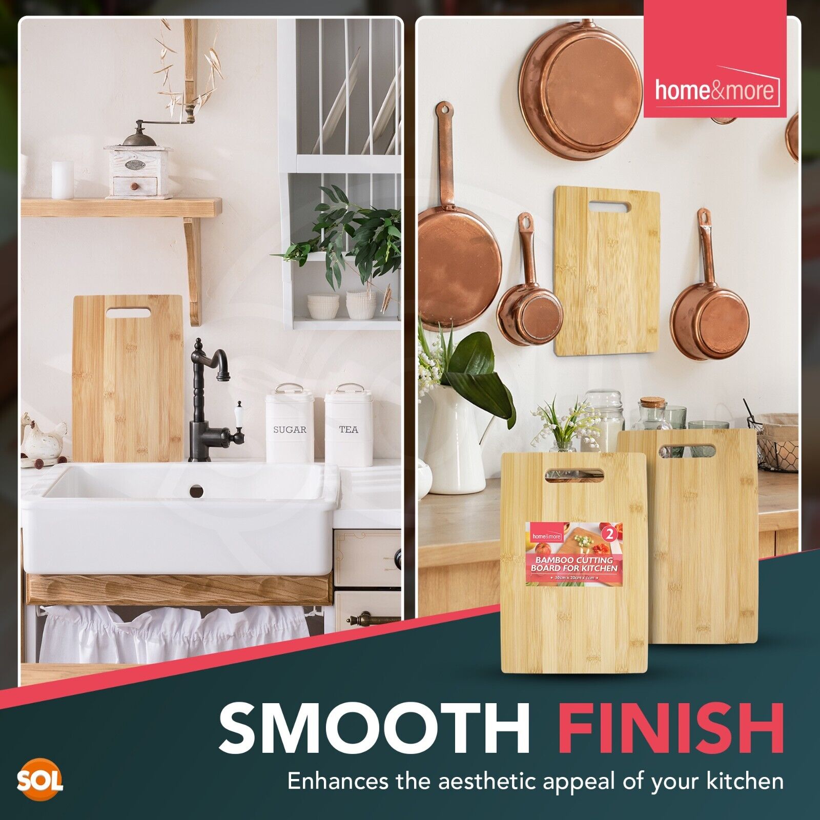 2 Chopping Board Wood Bamboo Wooden Cutting With Handle 30x20 cm Kitchen Serving