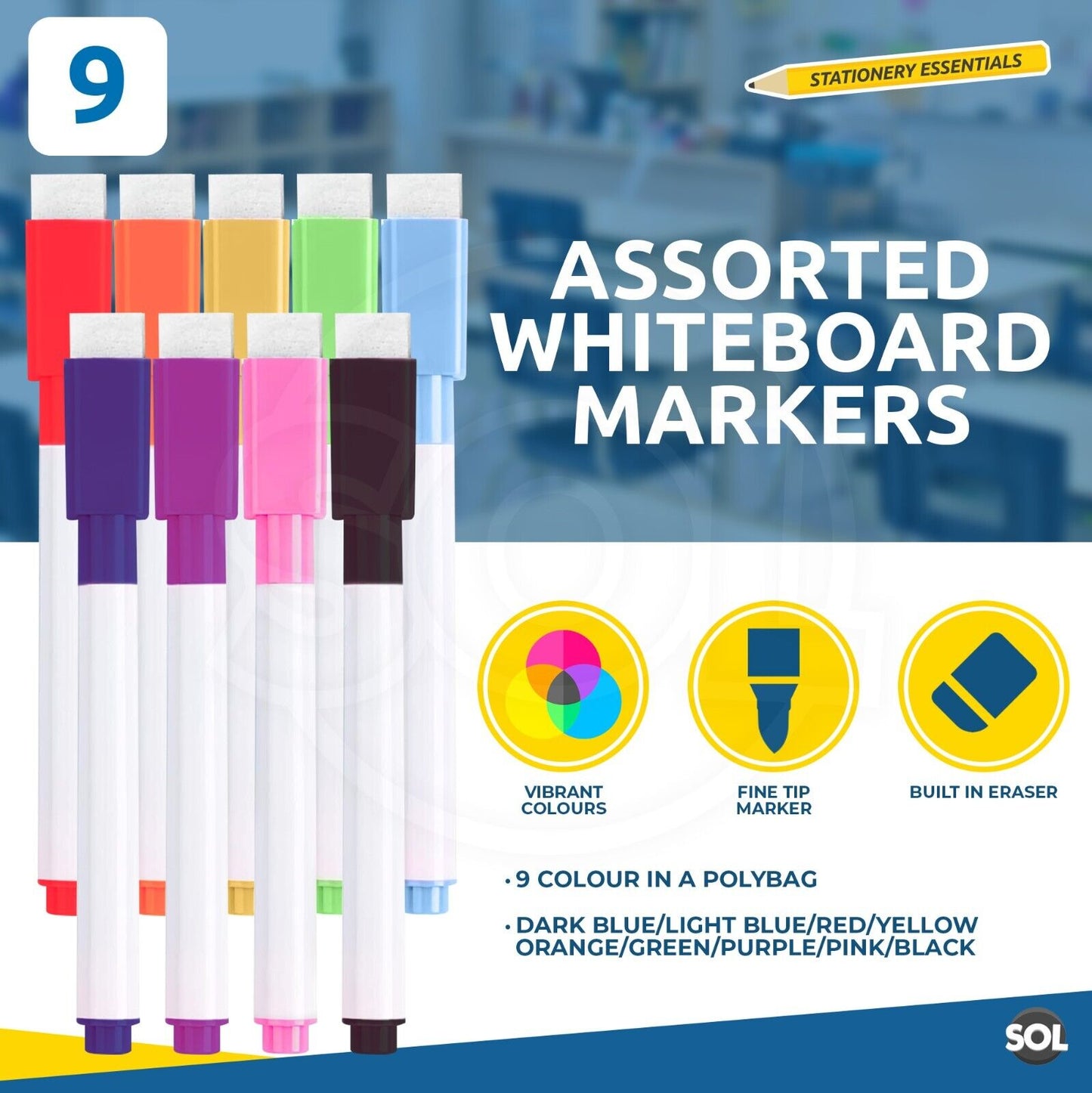 Whiteboard Pens & Eraser Magnetic Dry Wipe | White Board Markers | 9 Pack