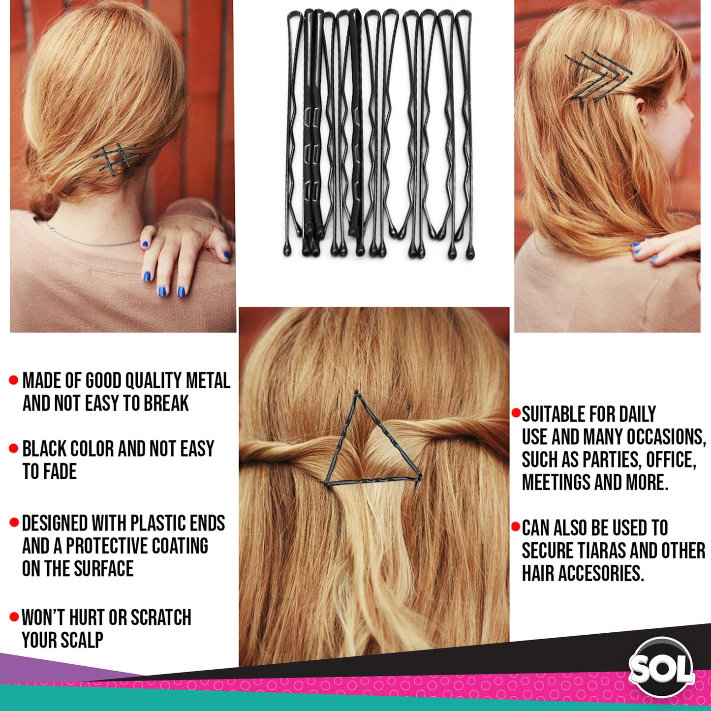 Hair Grips Black Bobby Pins 4.6cm | Waved Styling Clips | 400 Pack