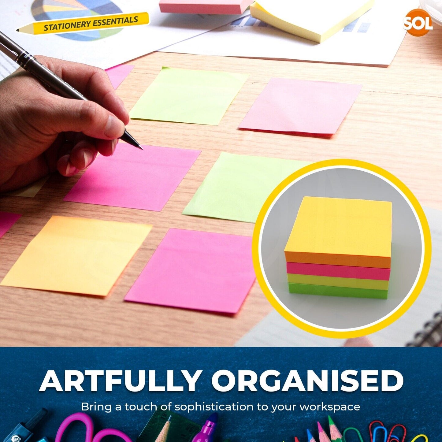 Neon Sticky Notes 76x76mm | Super Sticky Pads | 400 Pack