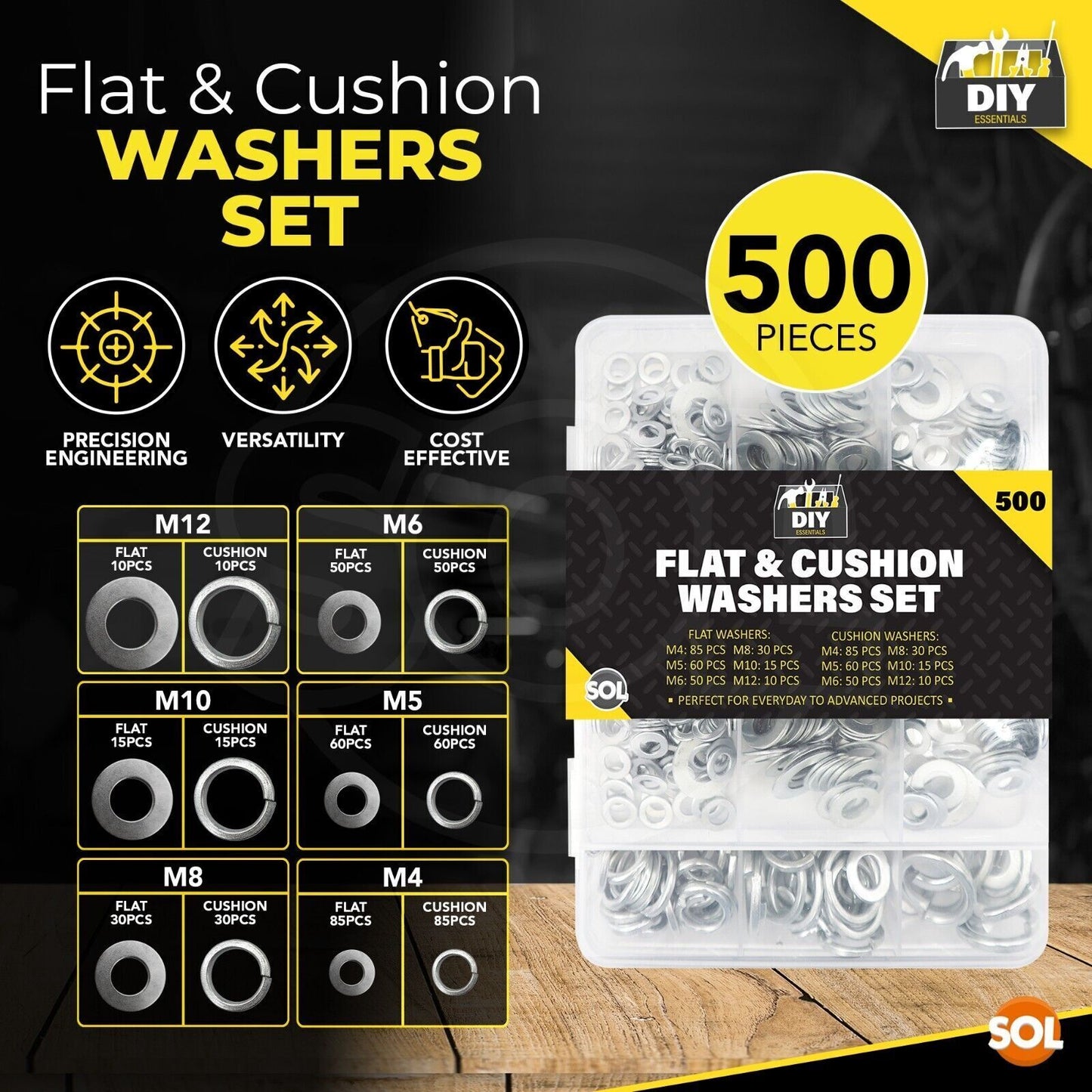 Stainless Steel Flat Washers Set Assorted M4–M12 Spring | 500 pack
