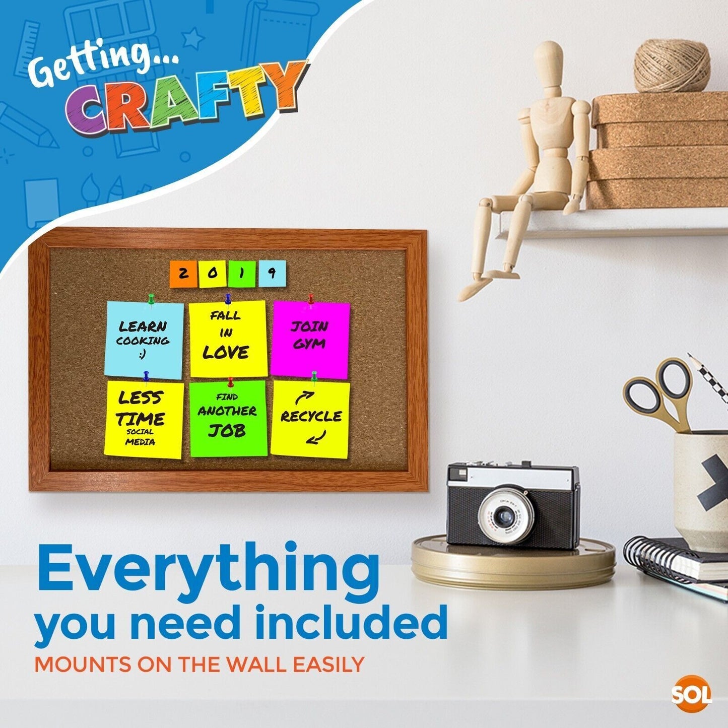 Cork Board A4 Notice Memo Board with Pins – Wooden Frame