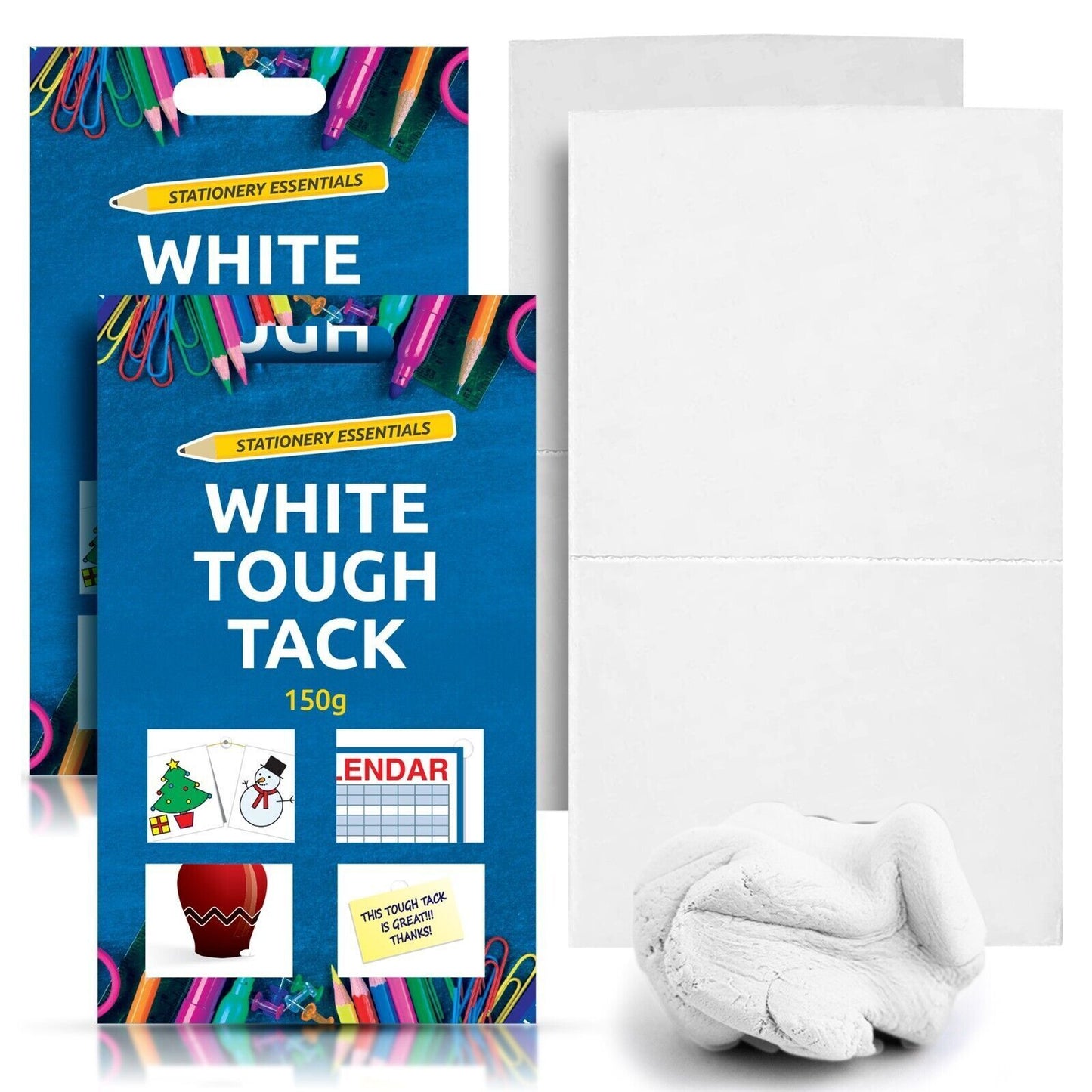 2 White Tack Tac 150g Super Tough Reusable Handy Size Sticky Adhesive Putty Glue